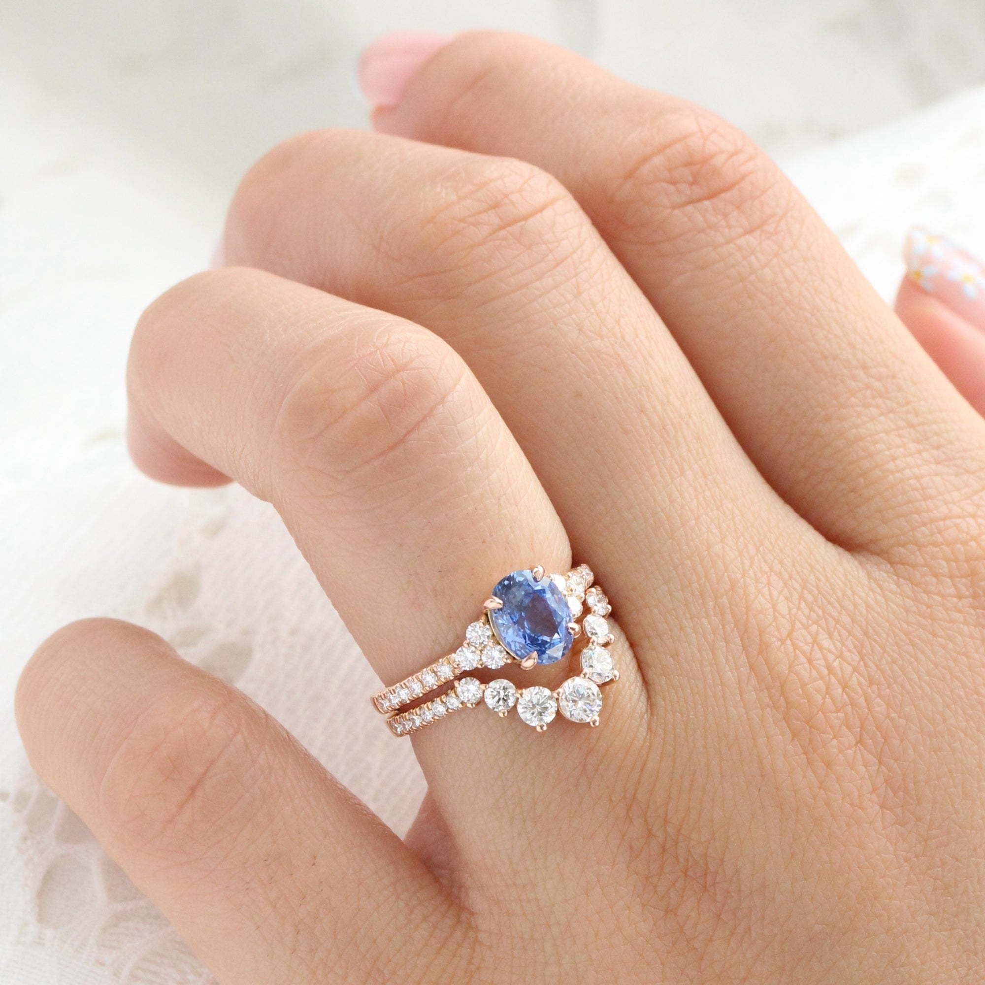 Oval Ceylon blue sapphire ring rose gold 3 stone diamond ring la more design jewelry