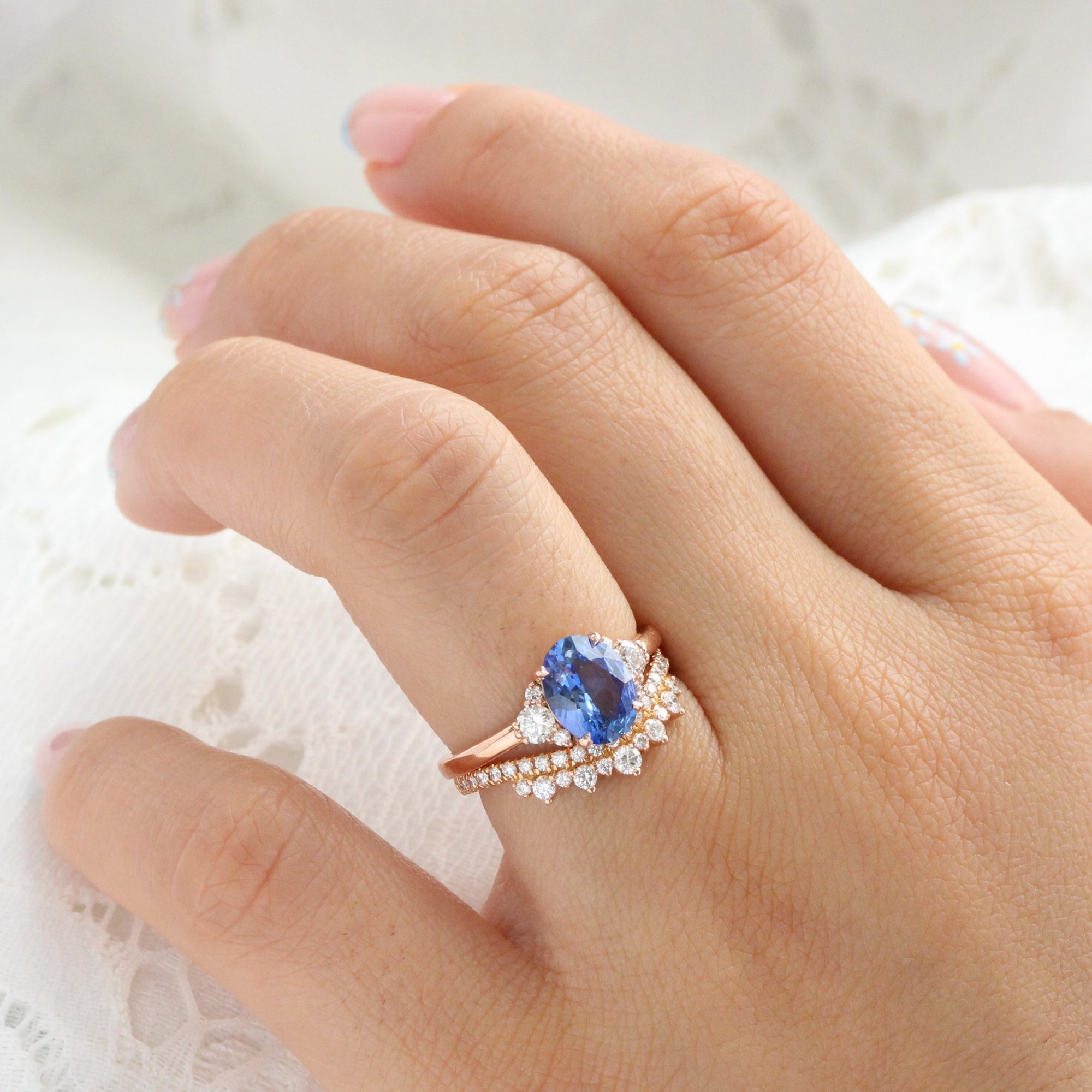 Oval Ceylon blue sapphire ring rose gold 3 stone diamond ring la more design jewelry