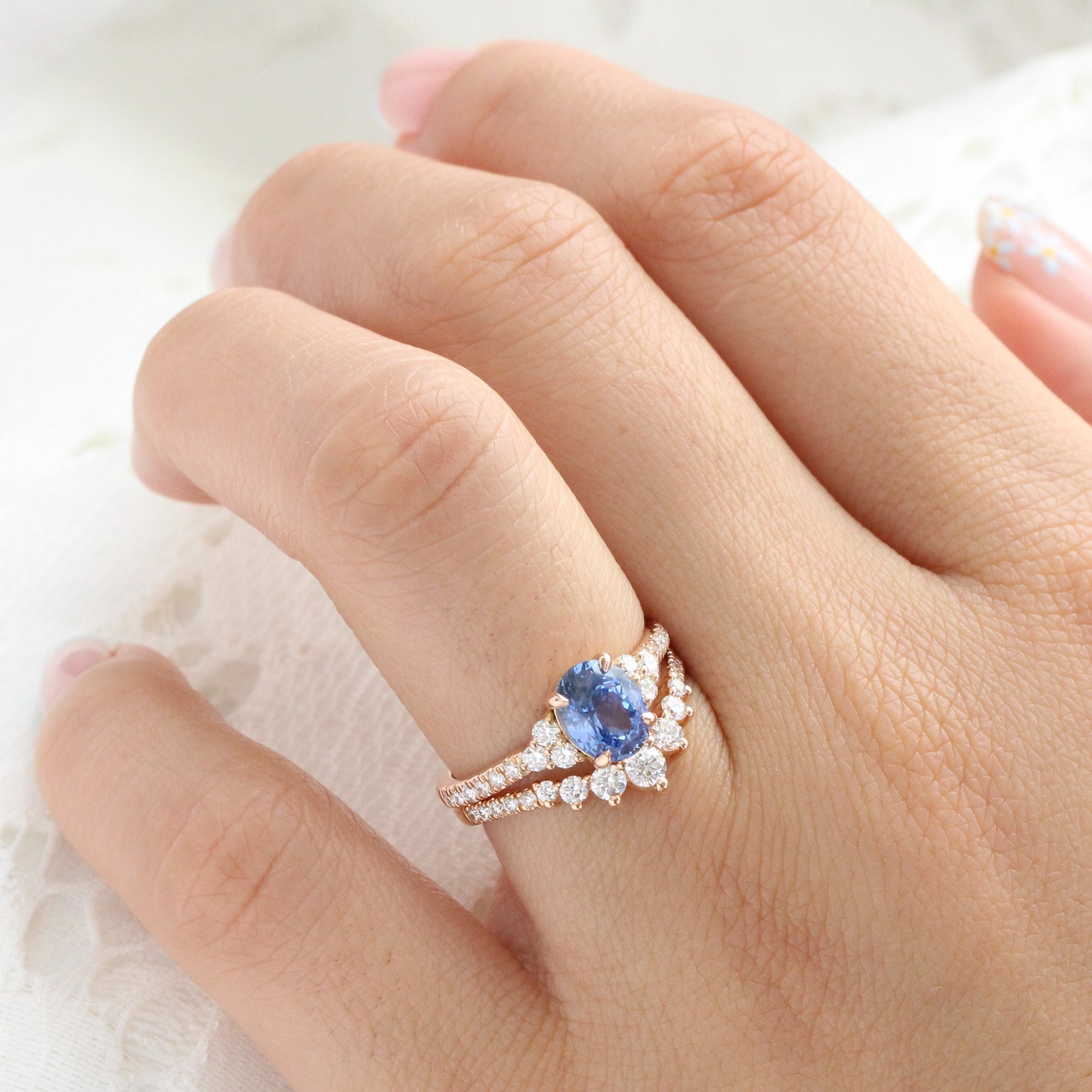 Oval Ceylon blue sapphire ring rose gold 3 stone diamond ring la more design jewelry