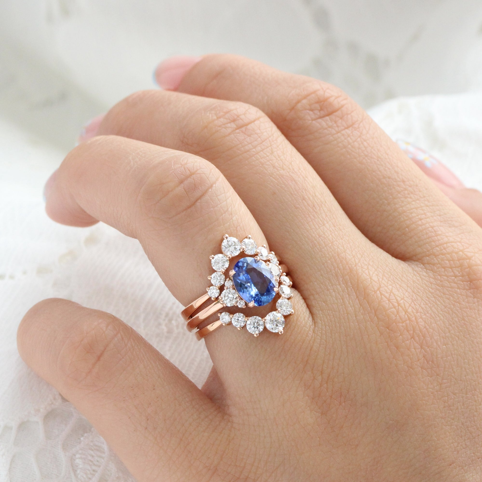 Oval Ceylon blue sapphire ring rose gold 3 stone diamond ring la more design jewelry