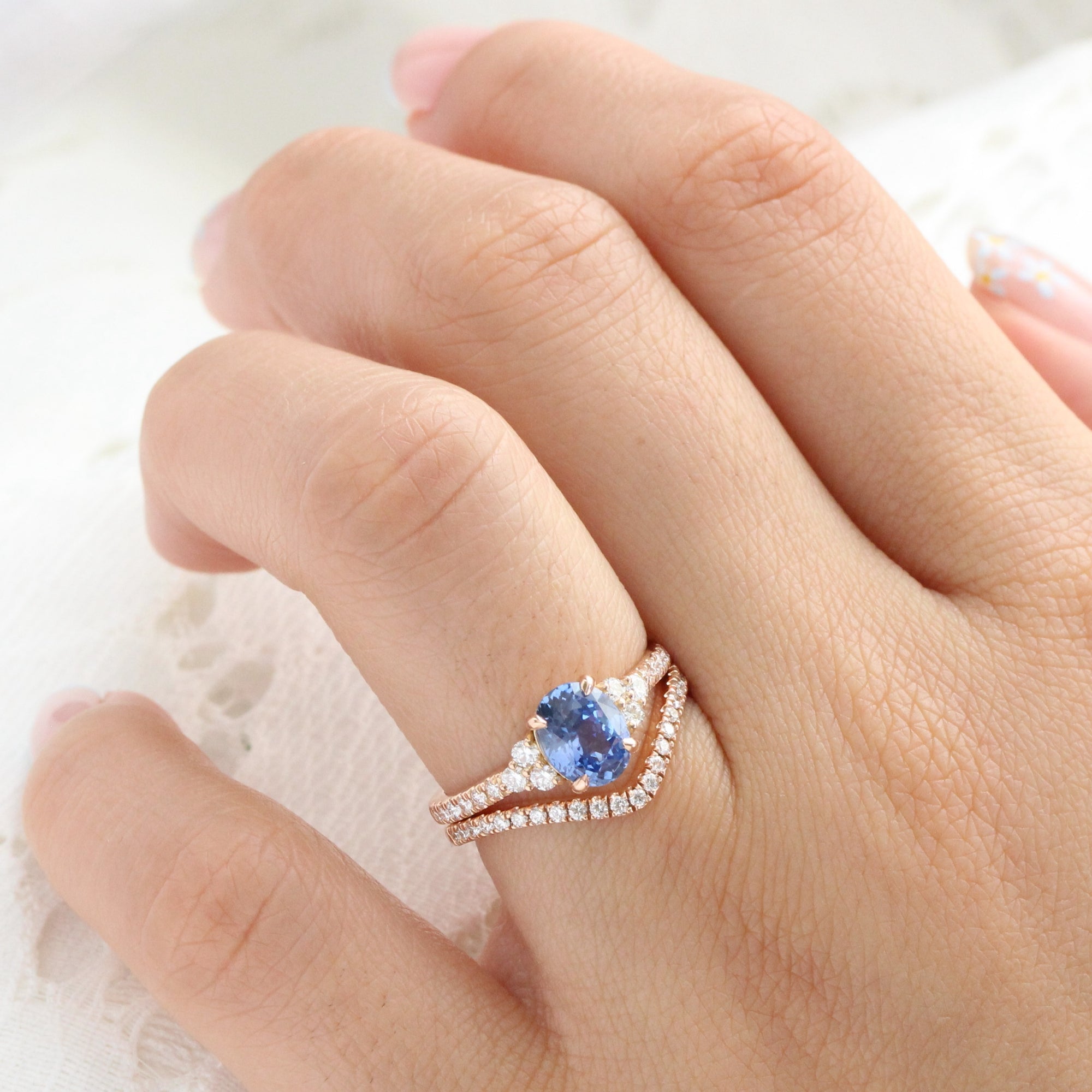 Oval Ceylon blue sapphire ring rose gold 3 stone diamond ring la more design jewelry