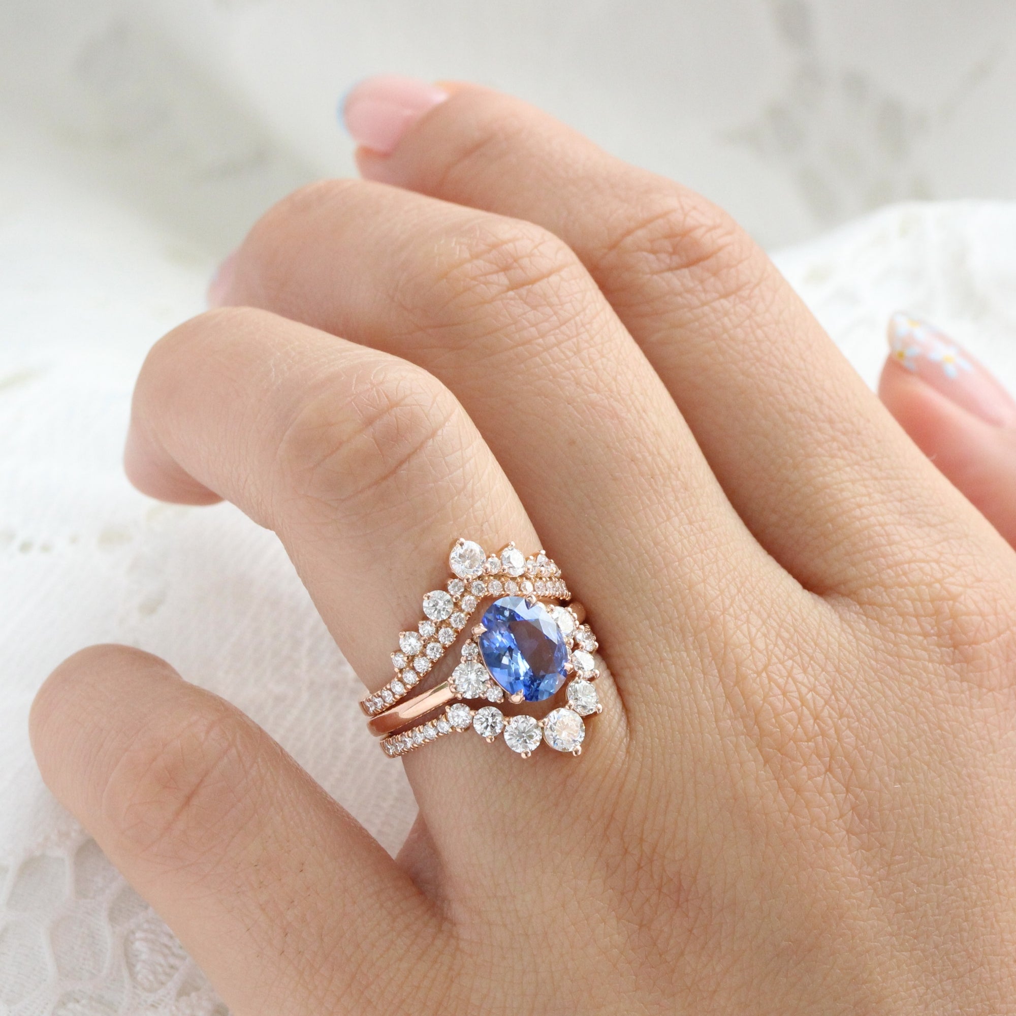 Oval Ceylon blue sapphire ring rose gold 3 stone diamond ring la more design jewelry