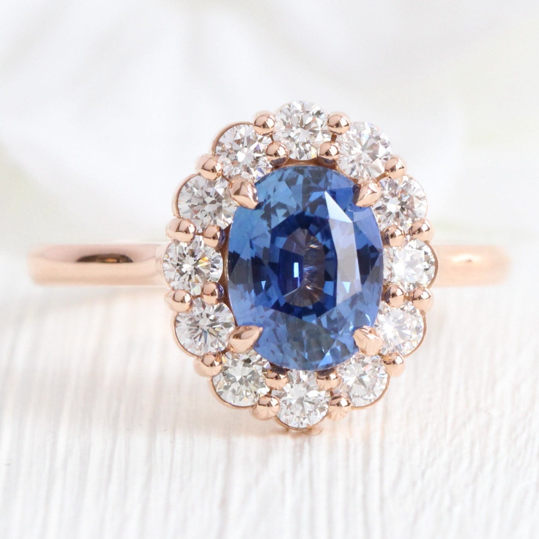 Oval Ceylon blue sapphire ring rose gold large diamond halo sapphire ring la more design jewelry