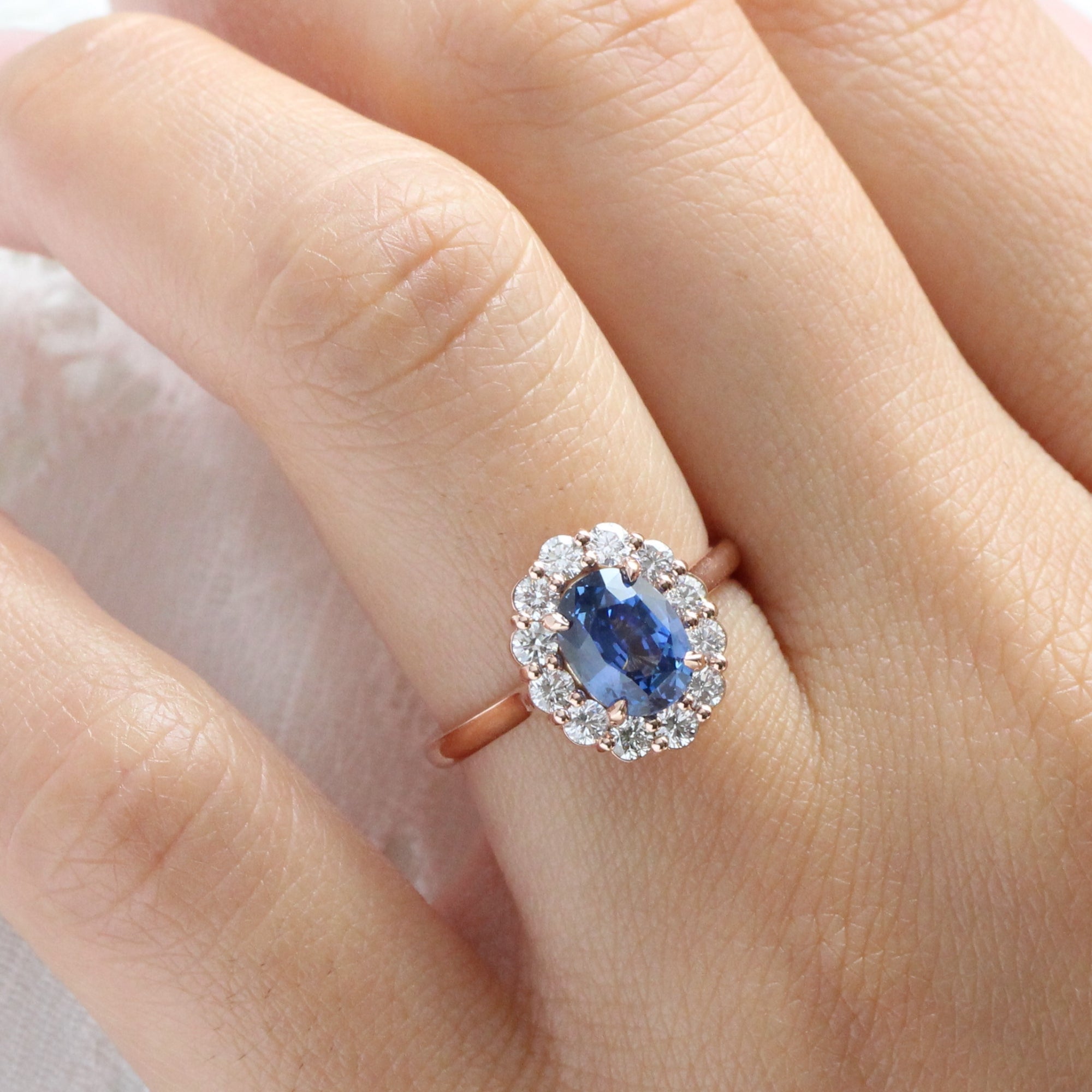Oval Ceylon blue sapphire ring rose gold large diamond halo sapphire ring la more design jewelry