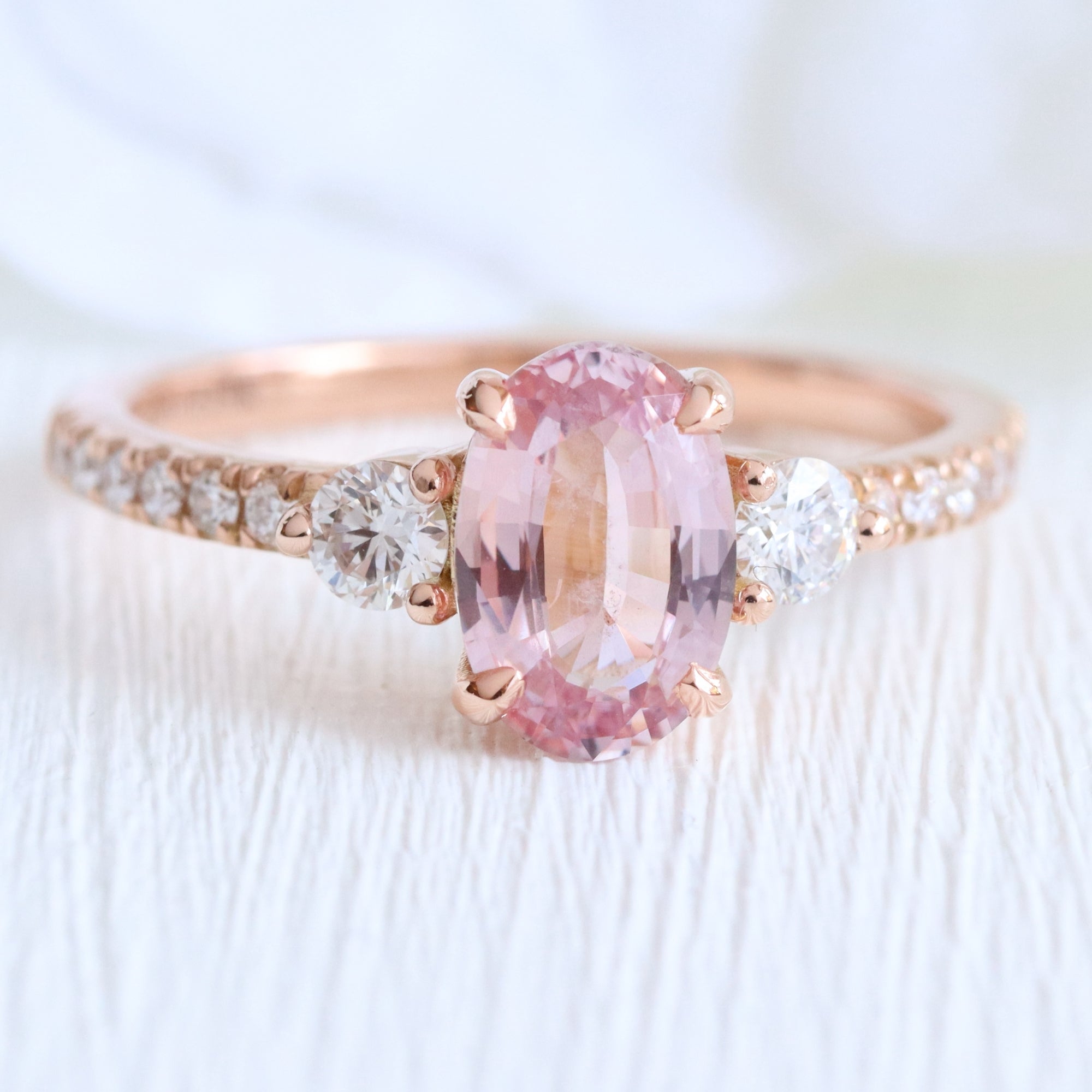 Oval Padparadscha pink sapphire ring rose gold 3 stone diamond ring la more design jewelry