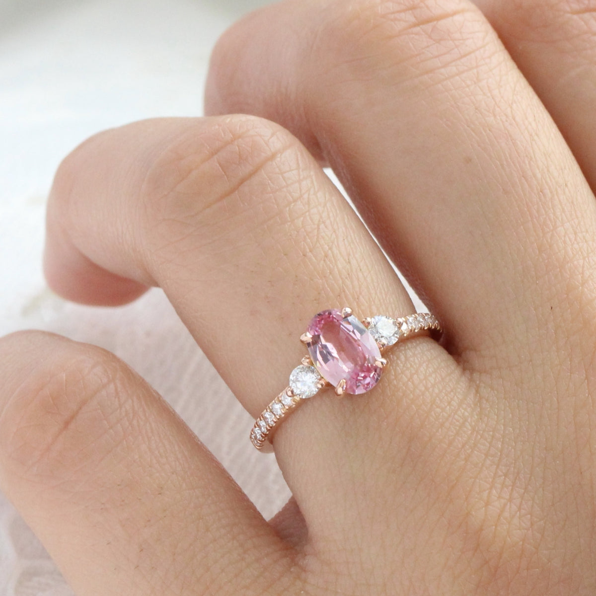 Oval Padparadscha pink sapphire ring rose gold 3 stone diamond ring la more design jewelry
