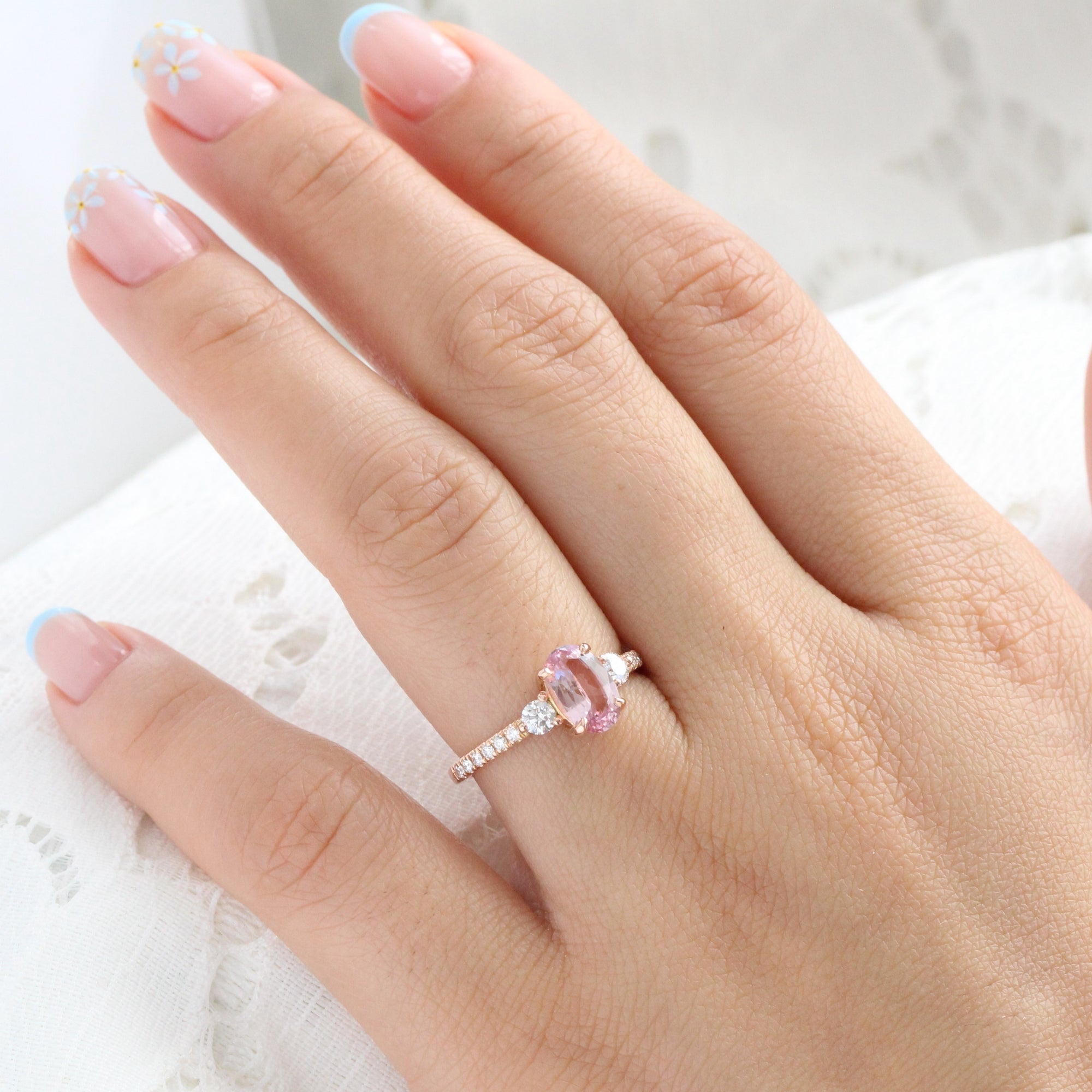 Oval Padparadscha pink sapphire ring rose gold 3 stone diamond ring la more design jewelry