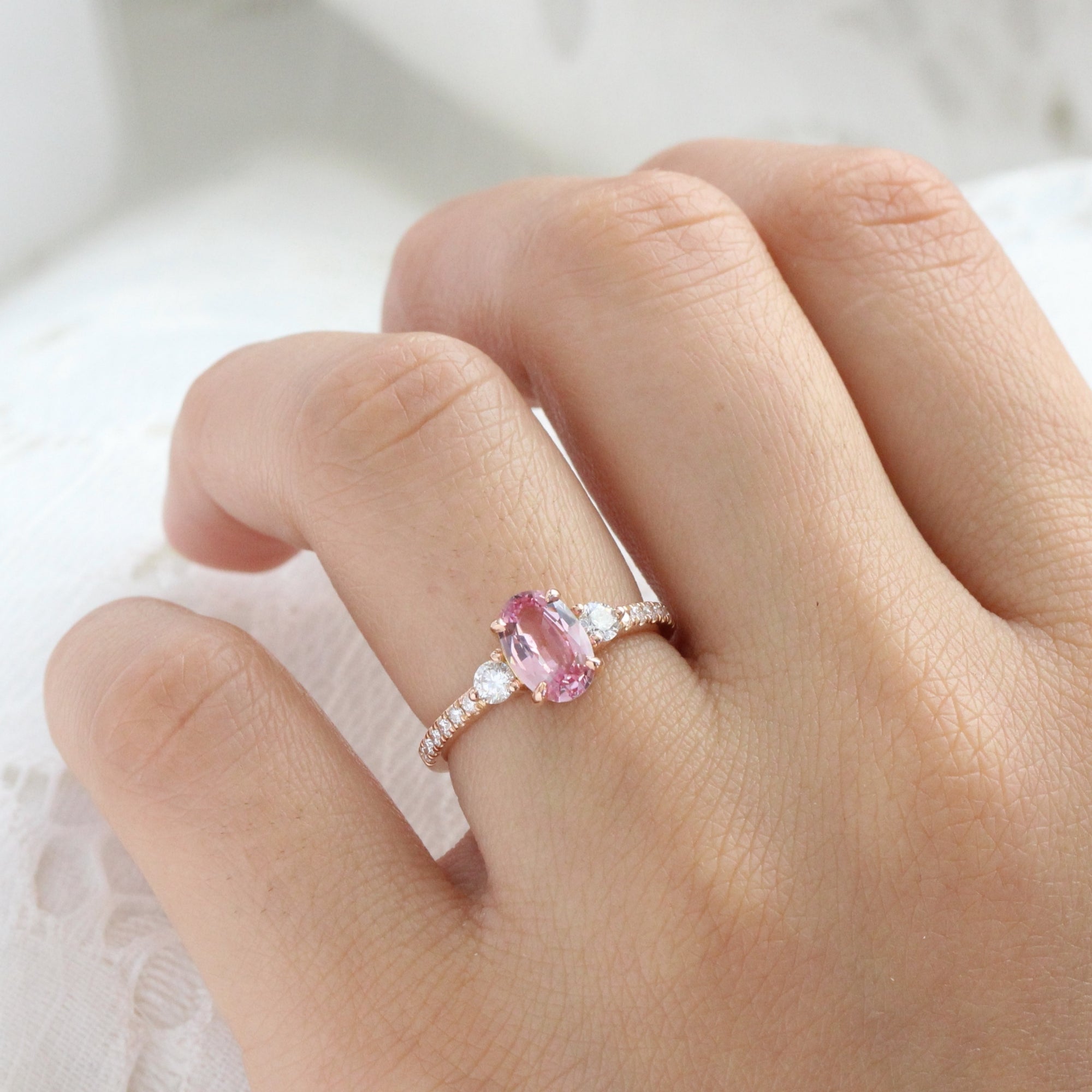 Oval Padparadscha pink sapphire ring rose gold 3 stone diamond ring la more design jewelry