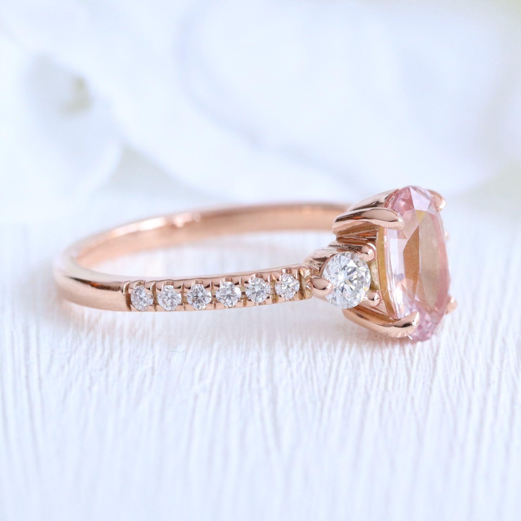 Oval Padparadscha pink sapphire ring rose gold 3 stone diamond ring la more design jewelry