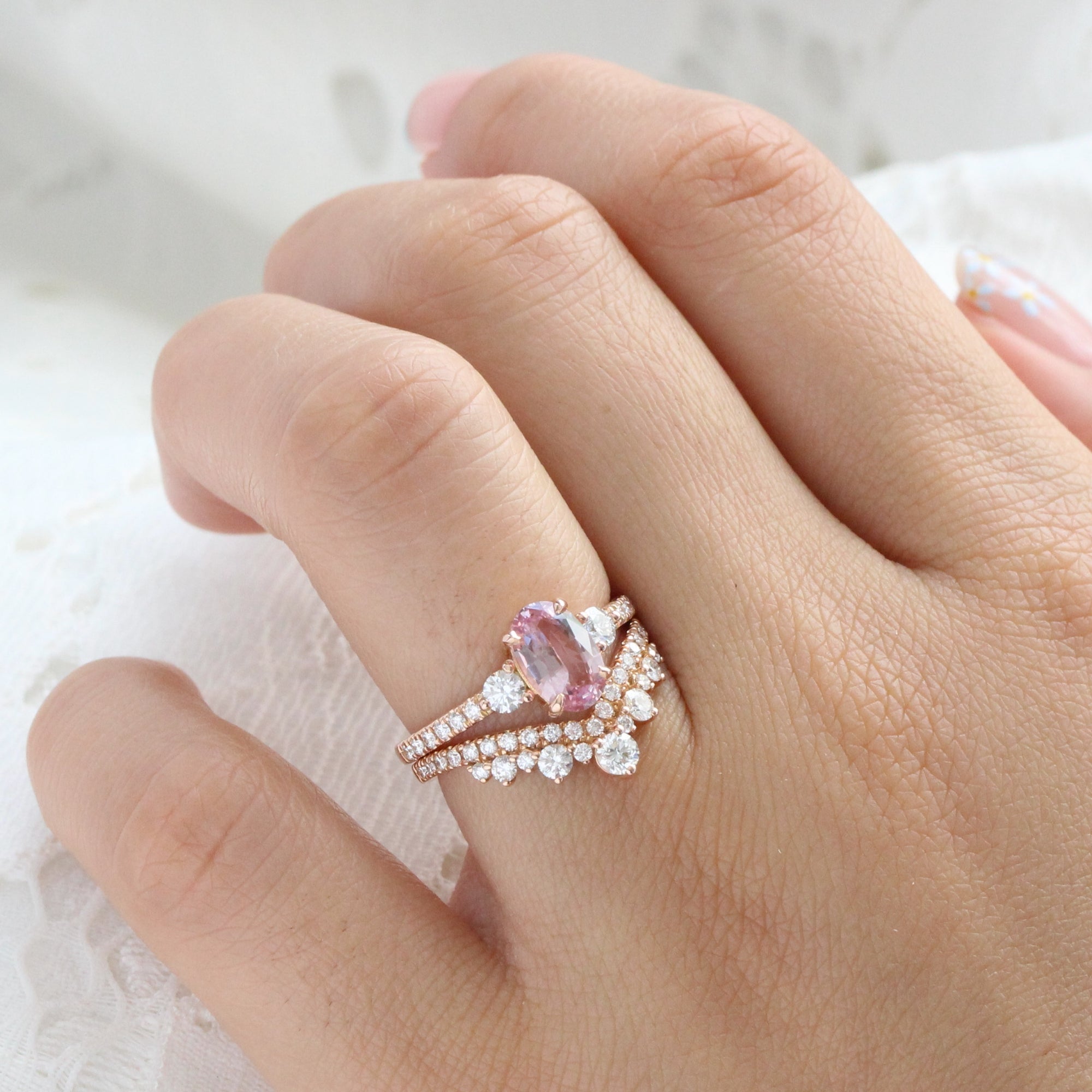 Oval Padparadscha pink sapphire ring rose gold 3 stone diamond ring la more design jewelry