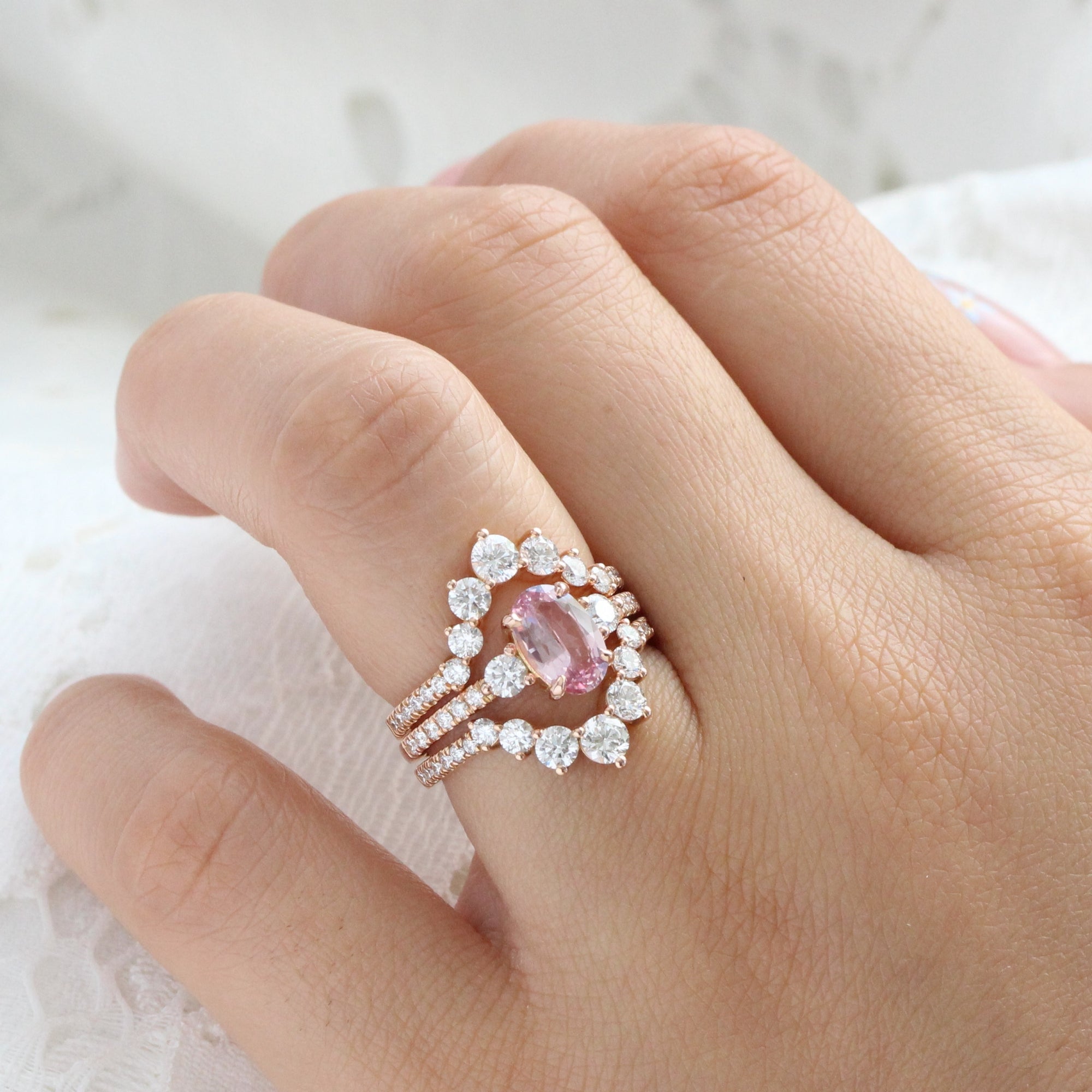 Oval Padparadscha pink sapphire ring rose gold 3 stone diamond ring la more design jewelry