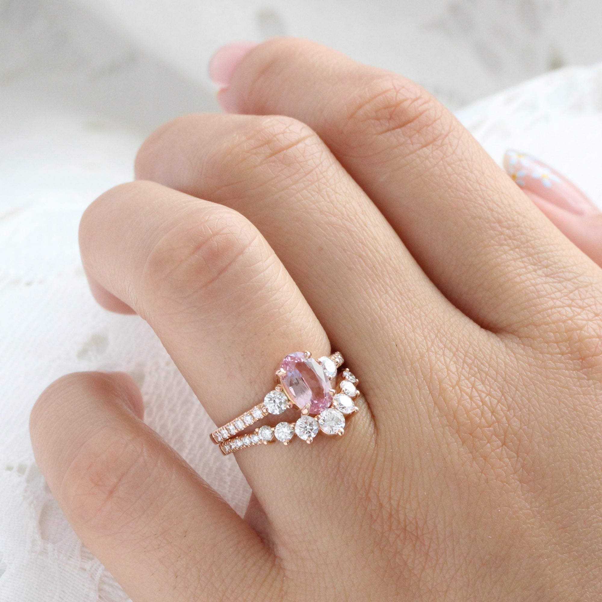 Oval Padparadscha pink sapphire ring rose gold 3 stone diamond ring la more design jewelry