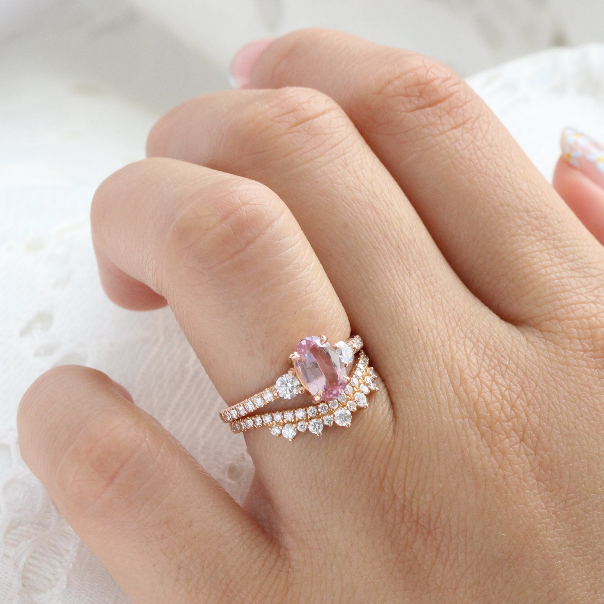 Oval Padparadscha pink sapphire ring rose gold 3 stone diamond ring la more design jewelry
