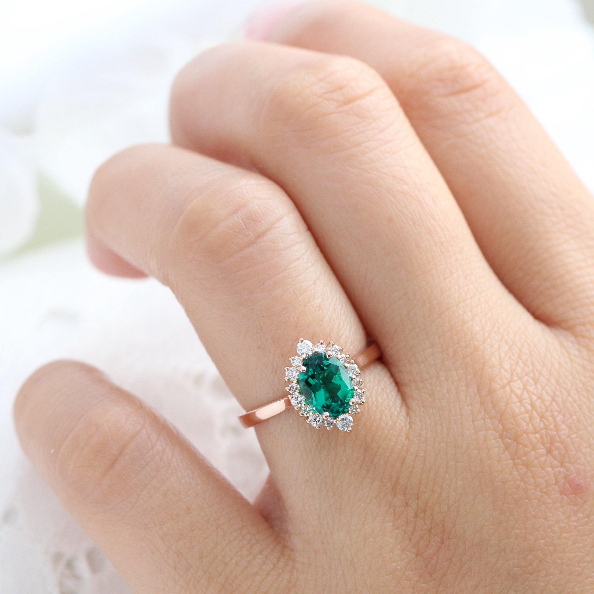 Pear emerald engagement ring rose gold ruby halo diamond ring la more design jewelry