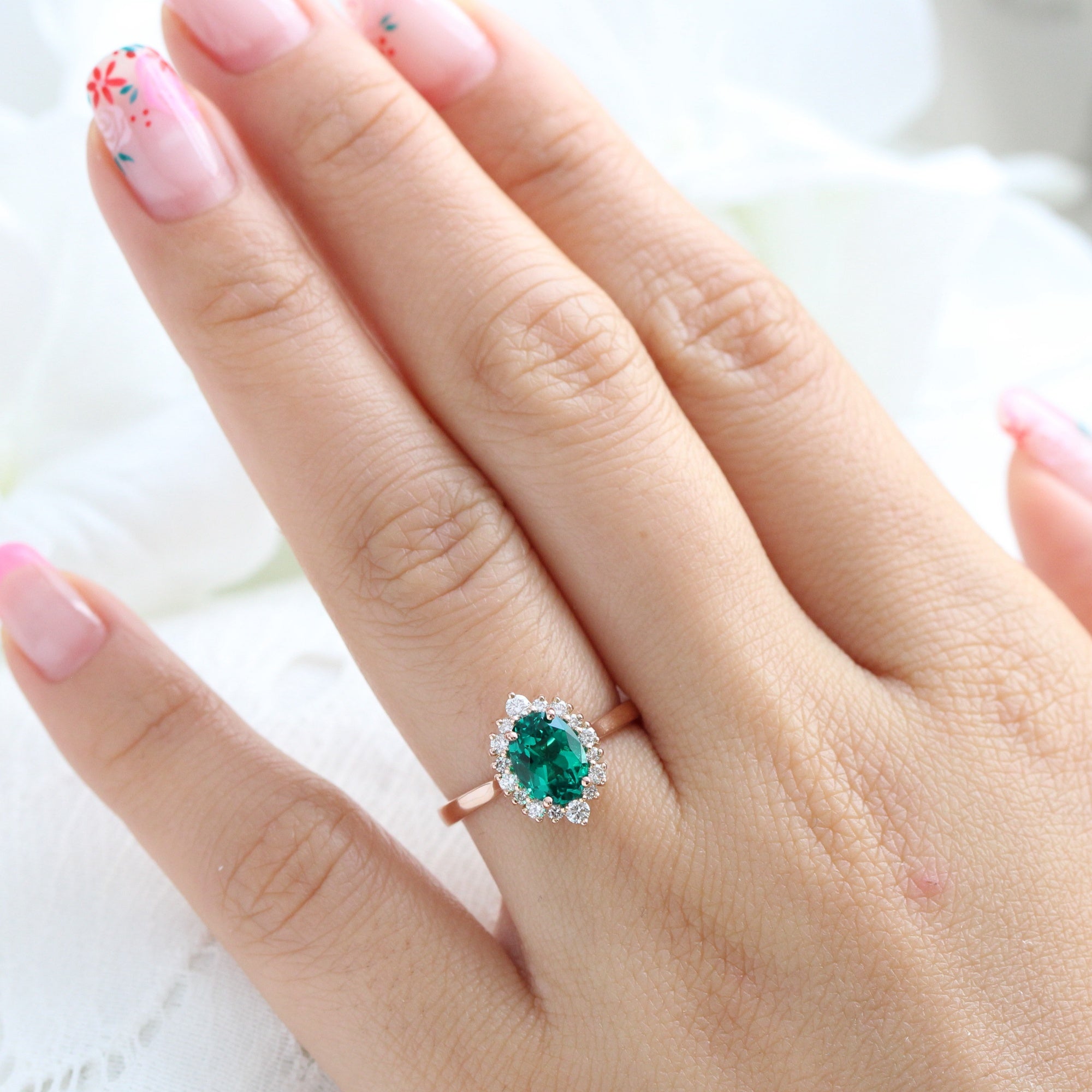Pear emerald engagement ring rose gold ruby halo diamond ring la more design jewelry