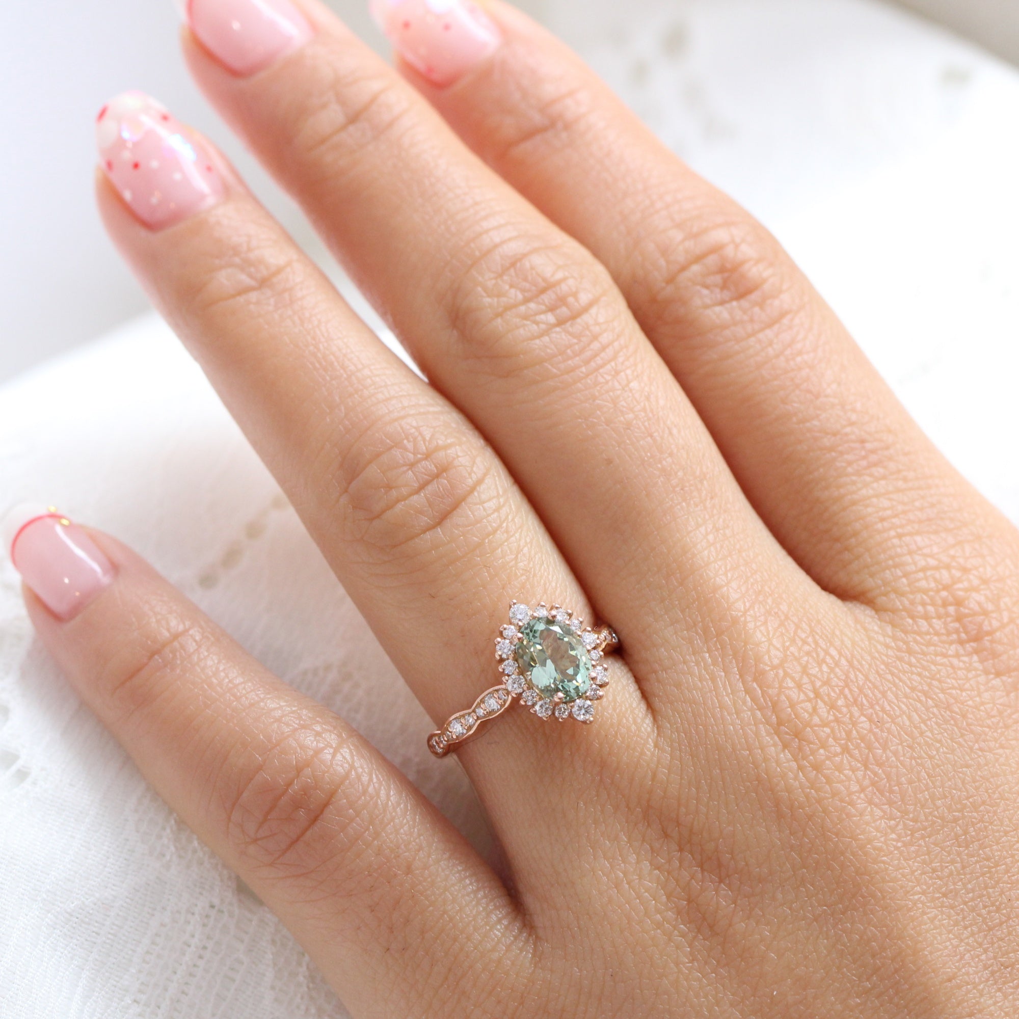 oval green sapphire engagement ring rose gold halo diamond sapphire cluster ring la more design jewelry