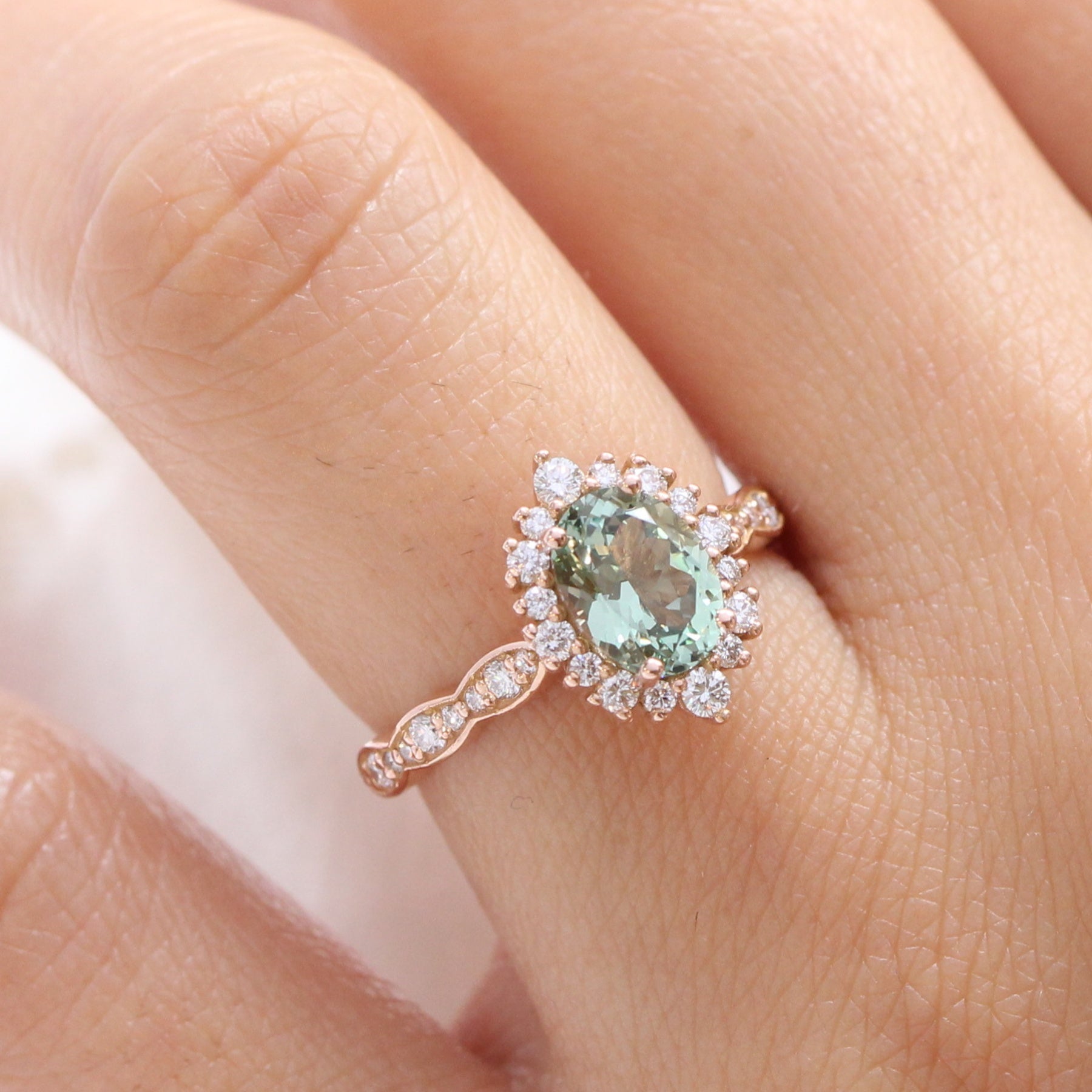 oval green sapphire engagement ring rose gold halo diamond sapphire cluster ring la more design jewelry