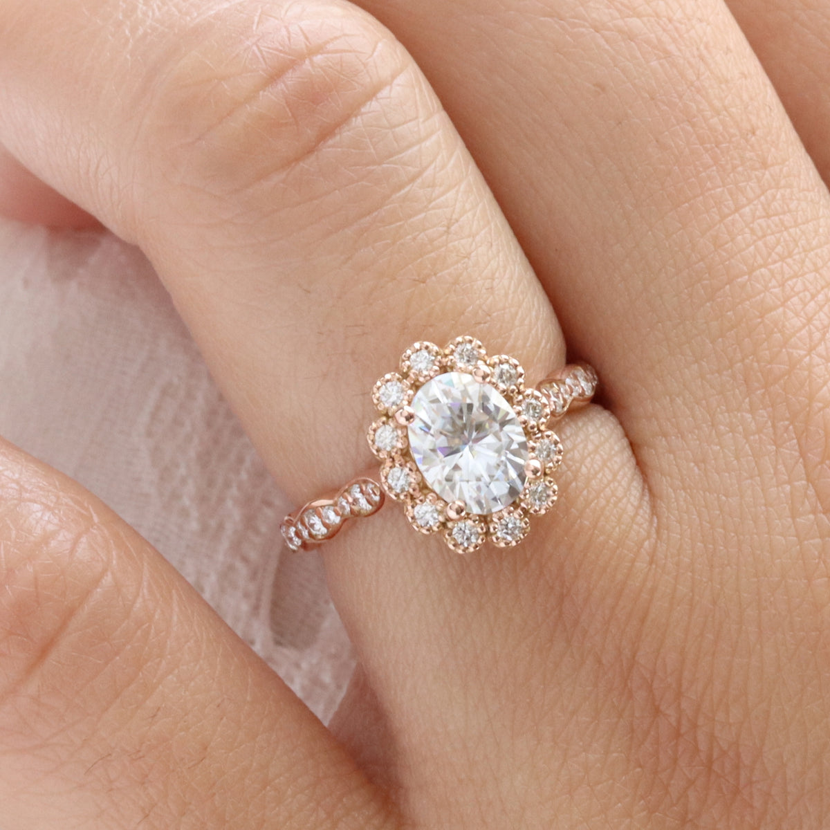 Oval moissanite engagement ring rose gold vintage halo diamond moissanite ring la more design jewelry
