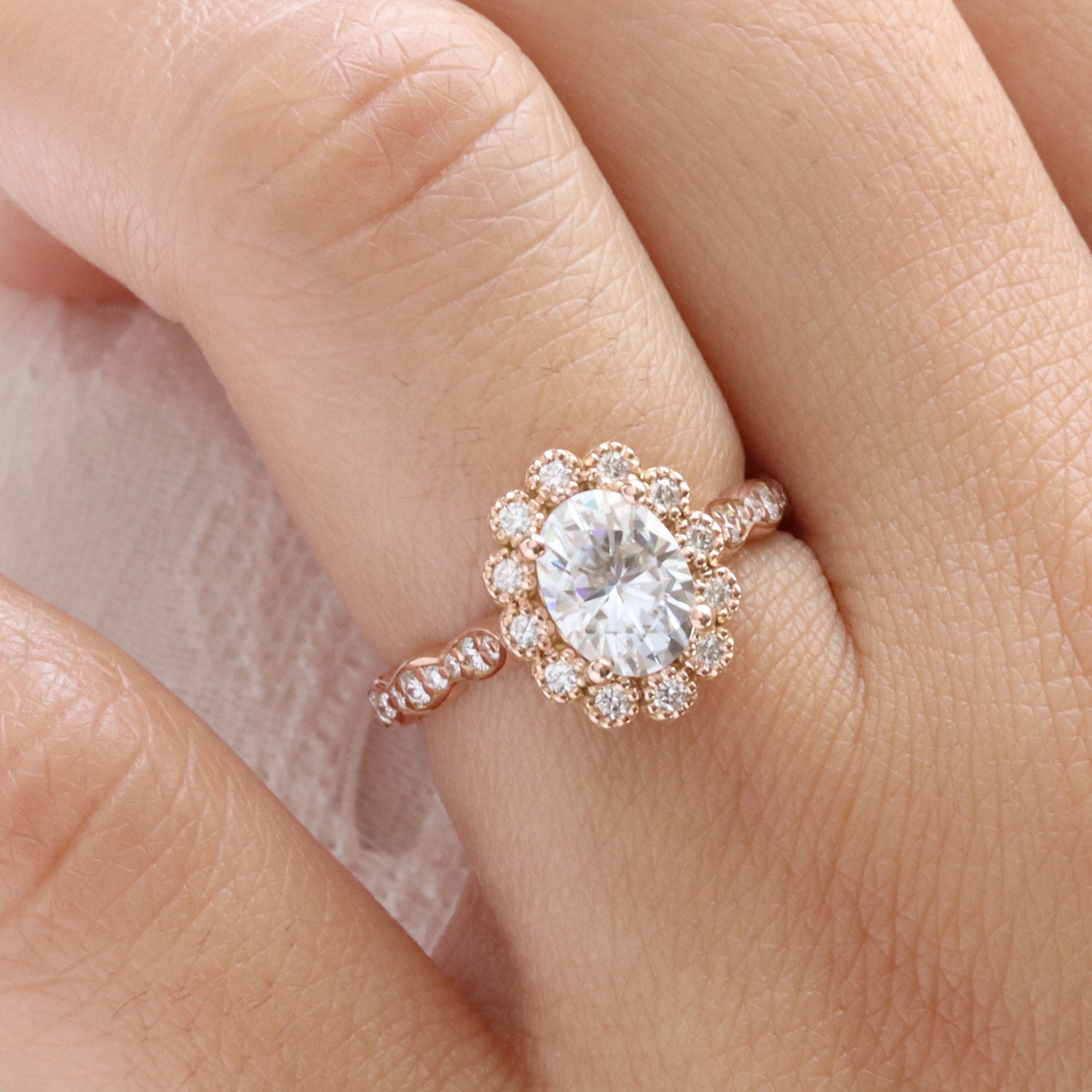 Oval moissanite engagement ring rose gold vintage halo diamond moissanite ring la more design jewelry