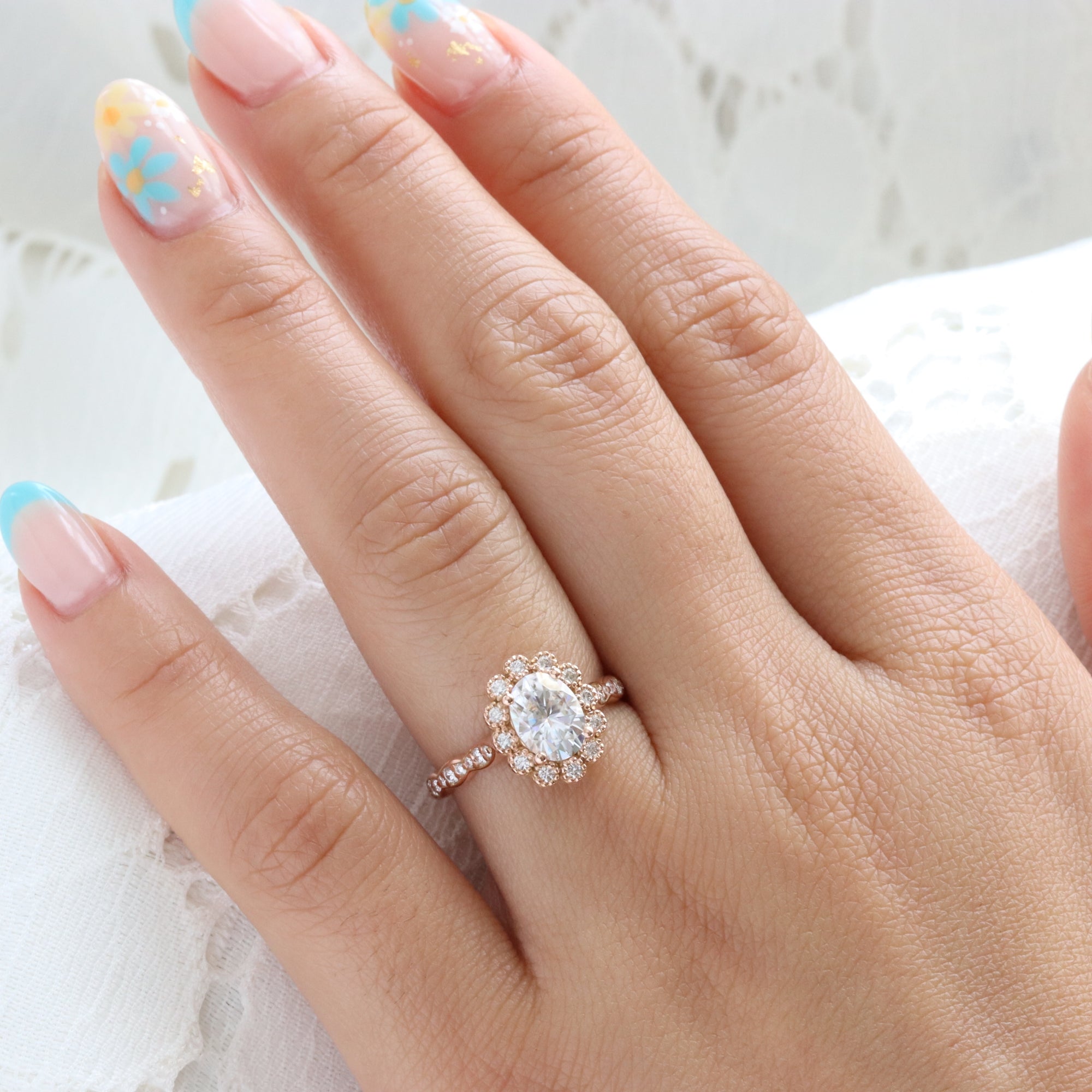 Oval moissanite engagement ring rose gold vintage halo diamond moissanite ring la more design jewelry