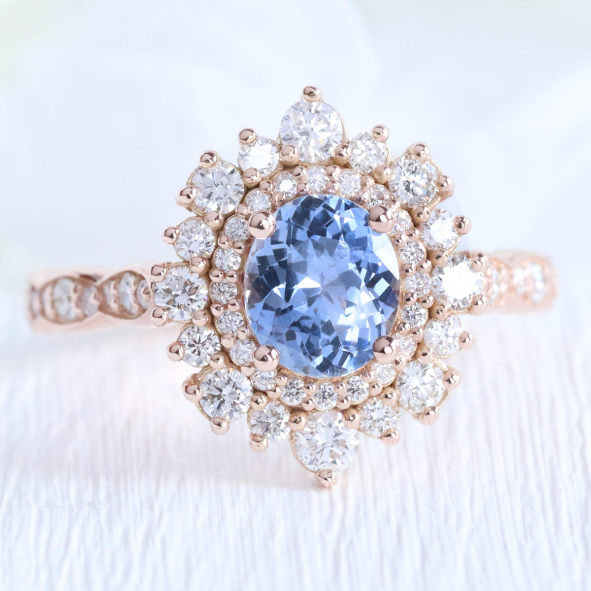 Oval aqua blue sapphire ring rose gold double halo diamond engagement ring la more design jewelry