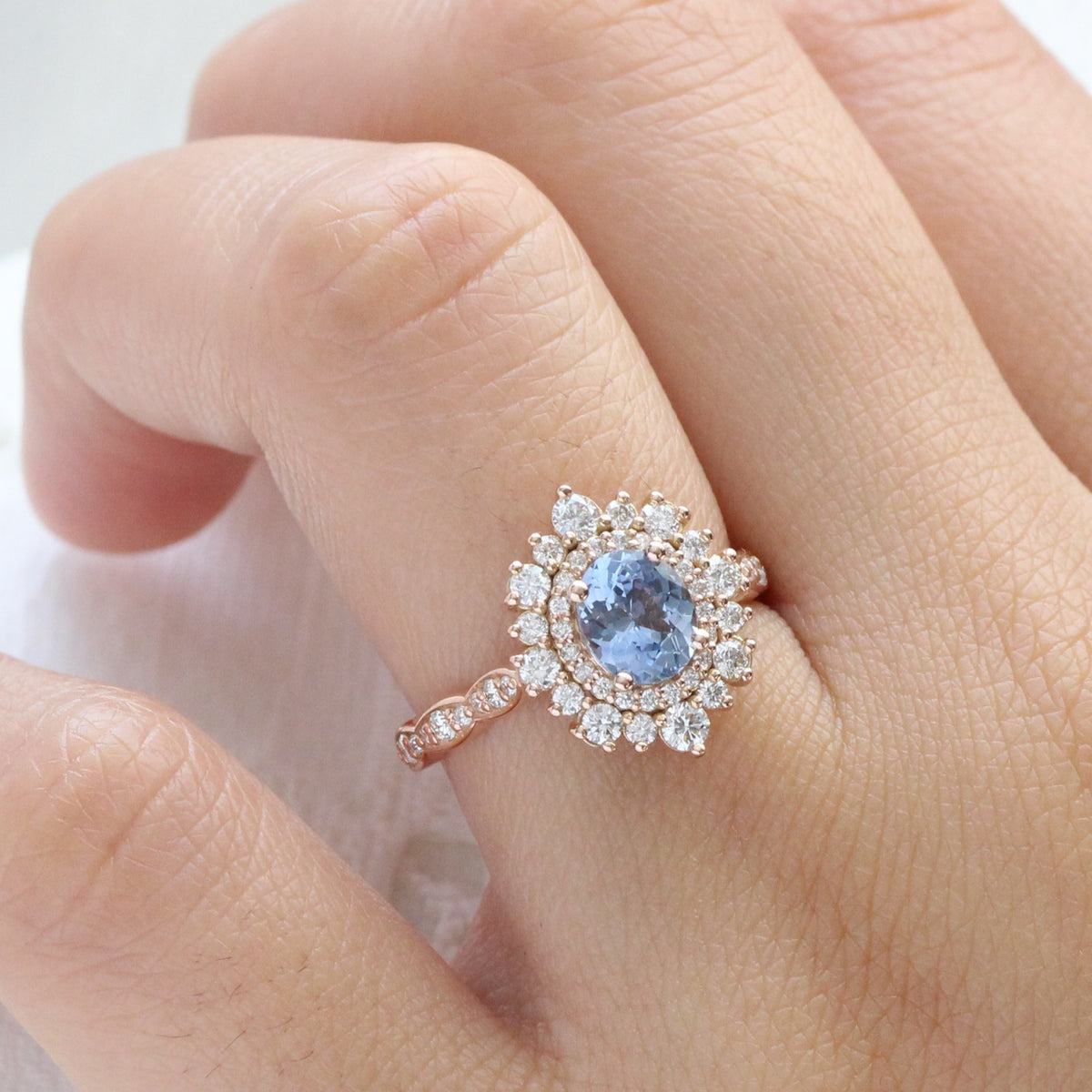 Oval aqua blue sapphire ring rose gold double halo diamond engagement ring la more design jewelry