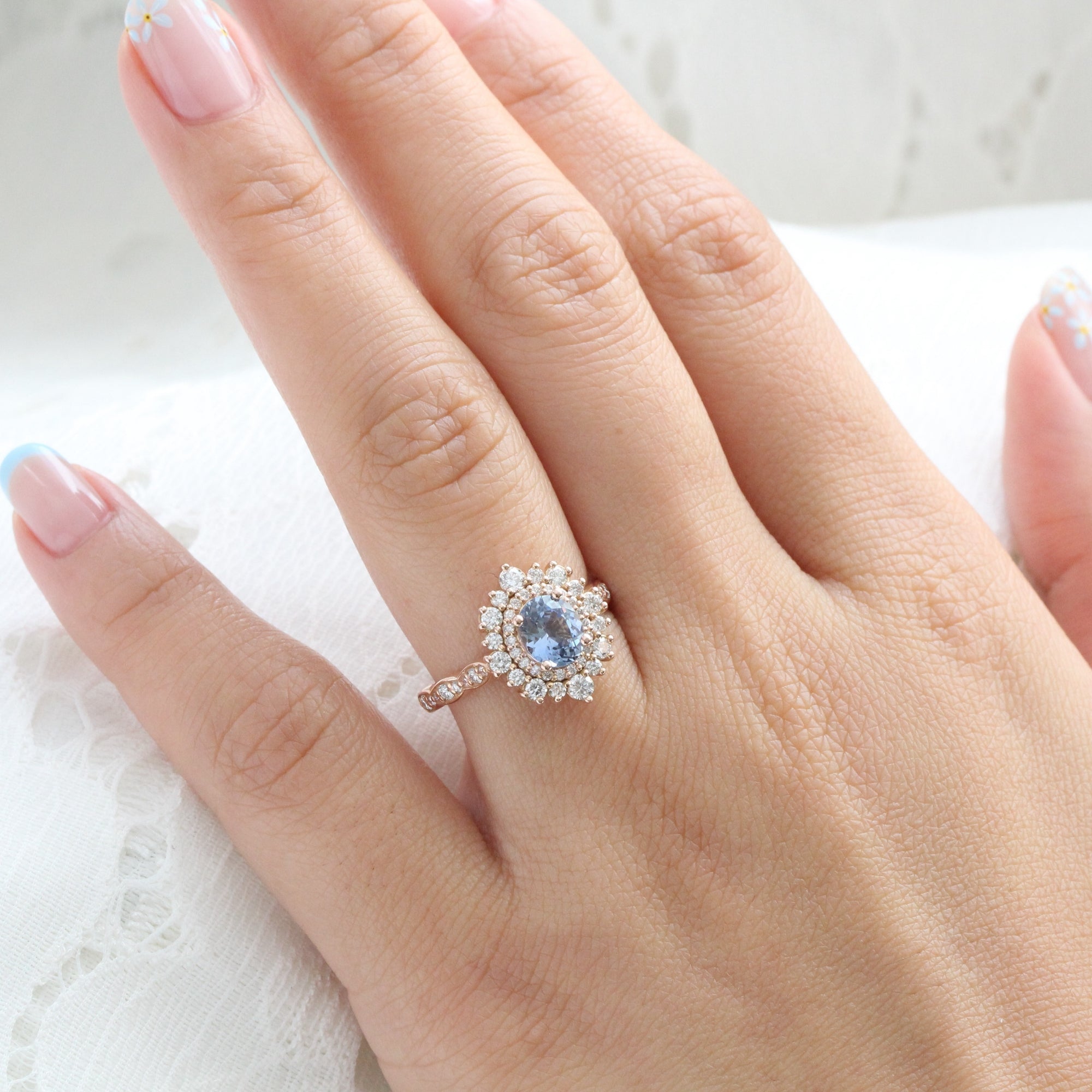 Oval aqua blue sapphire ring rose gold double halo diamond engagement ring la more design jewelry