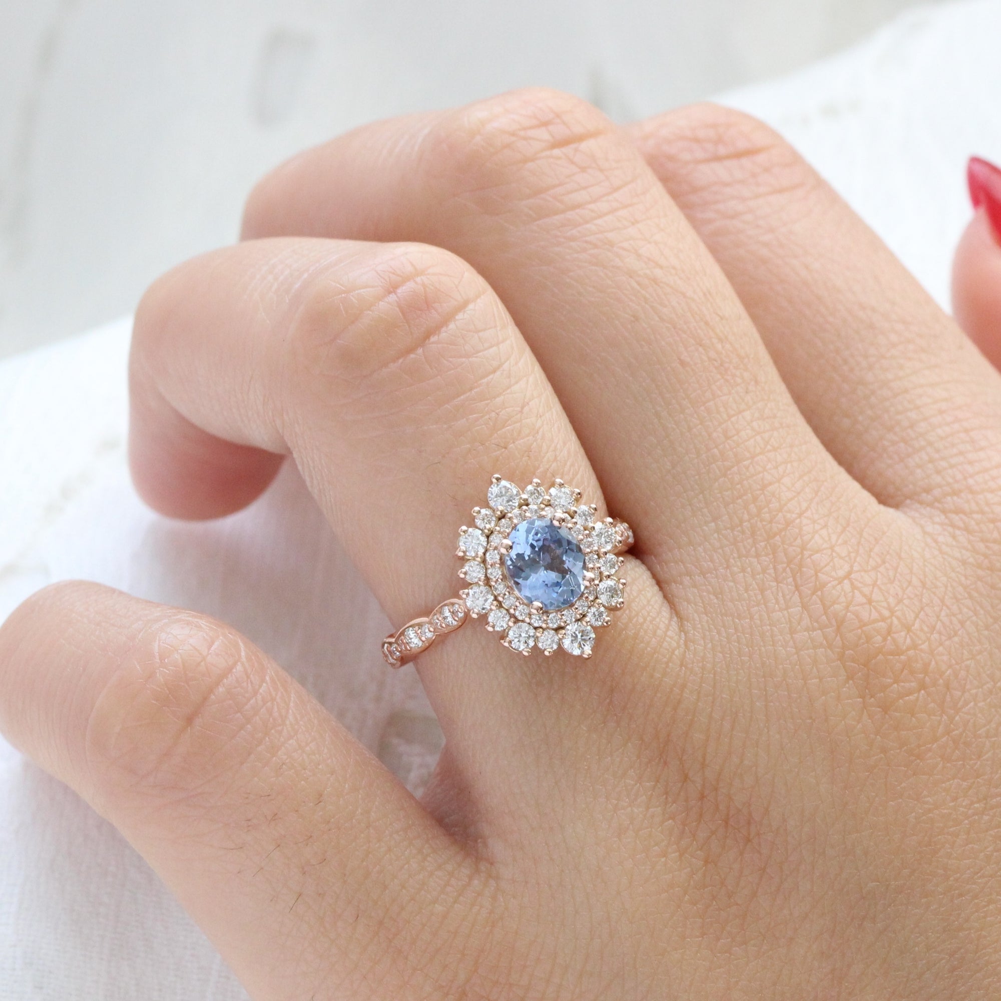 Oval aqua blue sapphire ring rose gold double halo diamond engagement ring la more design jewelry