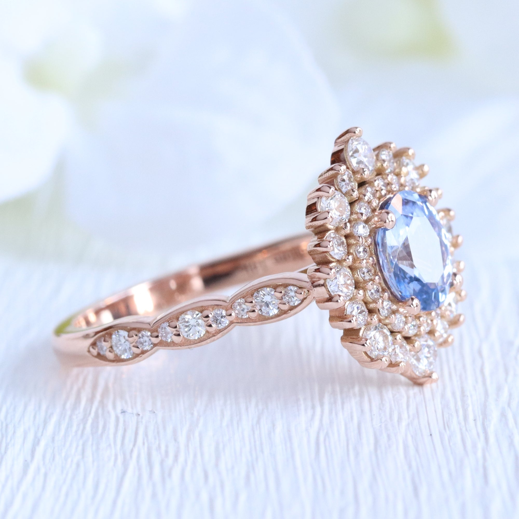 Oval aqua blue sapphire ring rose gold double halo diamond engagement ring la more design jewelry