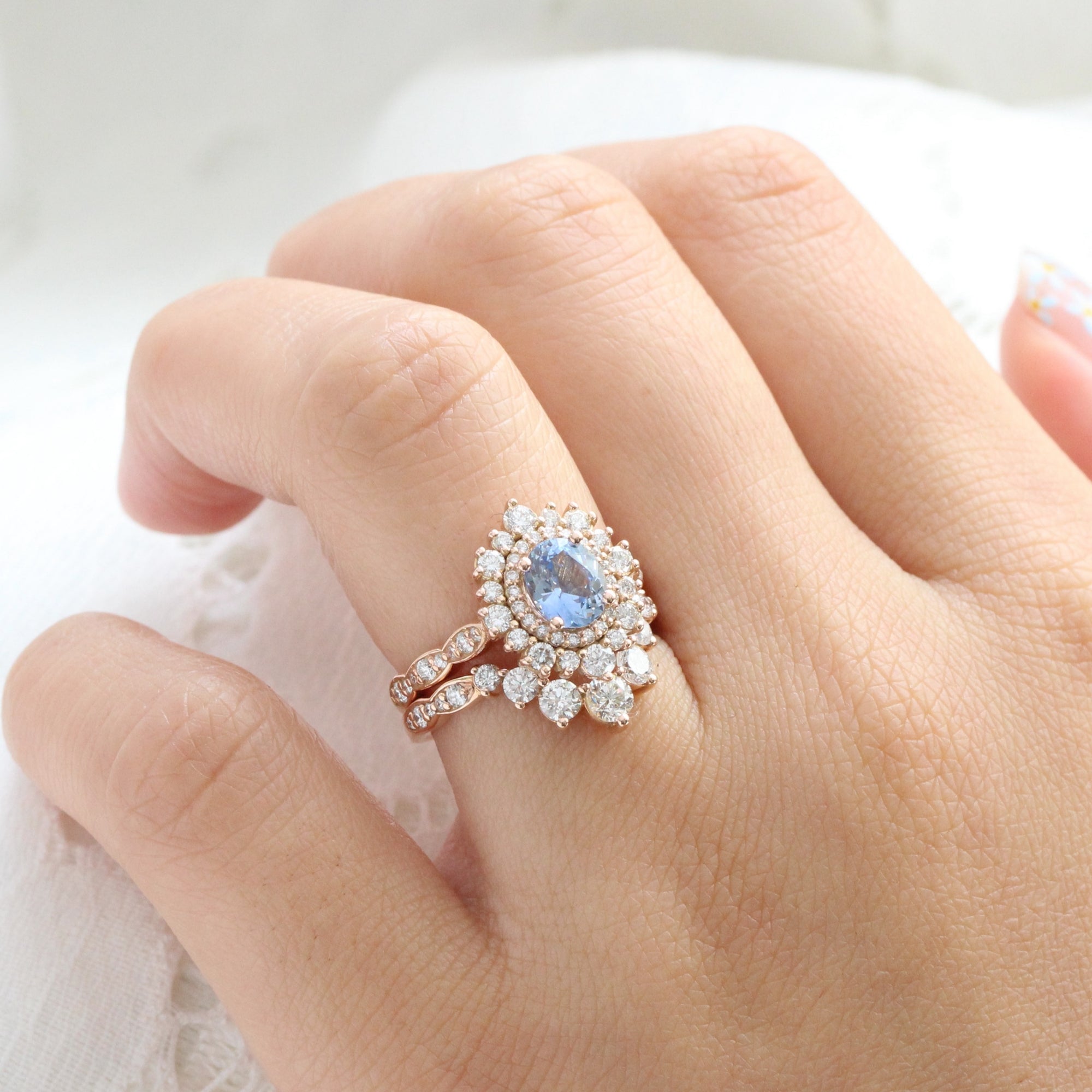 Oval aqua blue sapphire ring rose gold double halo diamond engagement ring la more design jewelry