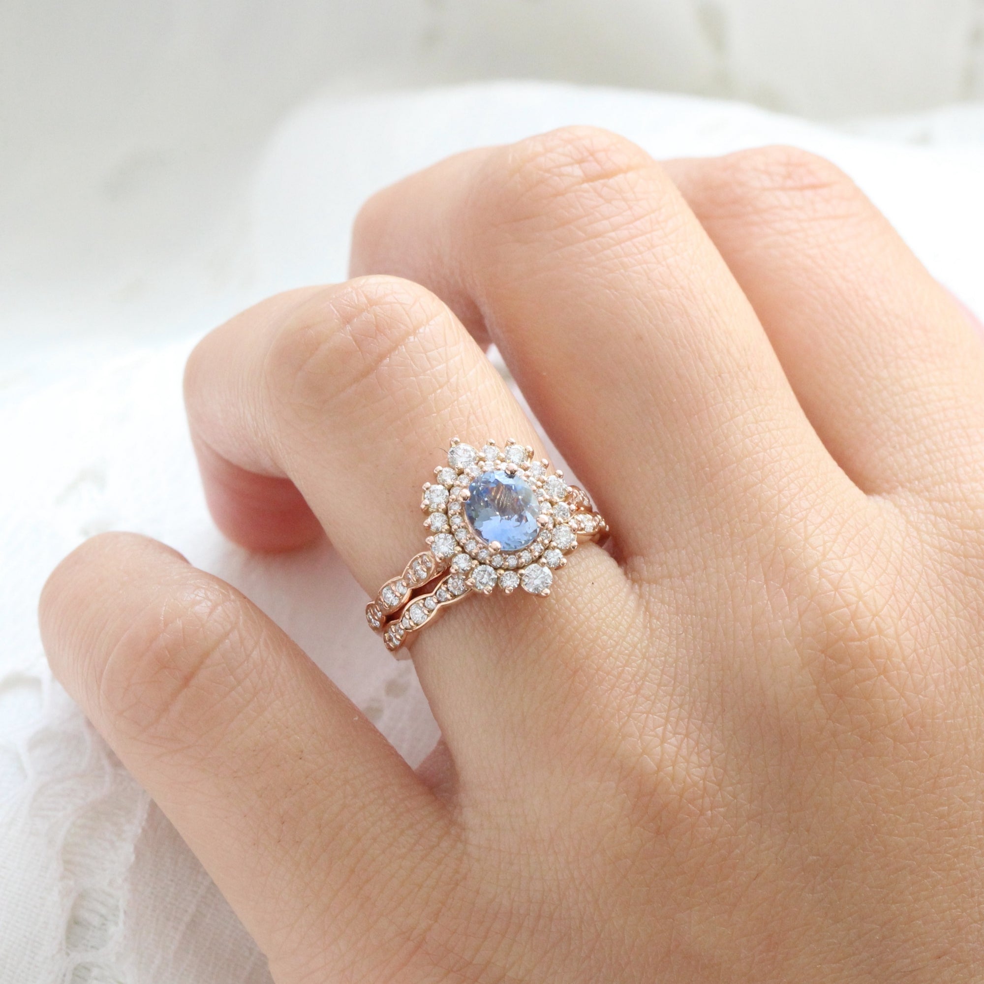 Oval aqua blue sapphire ring rose gold double halo diamond engagement ring la more design jewelry