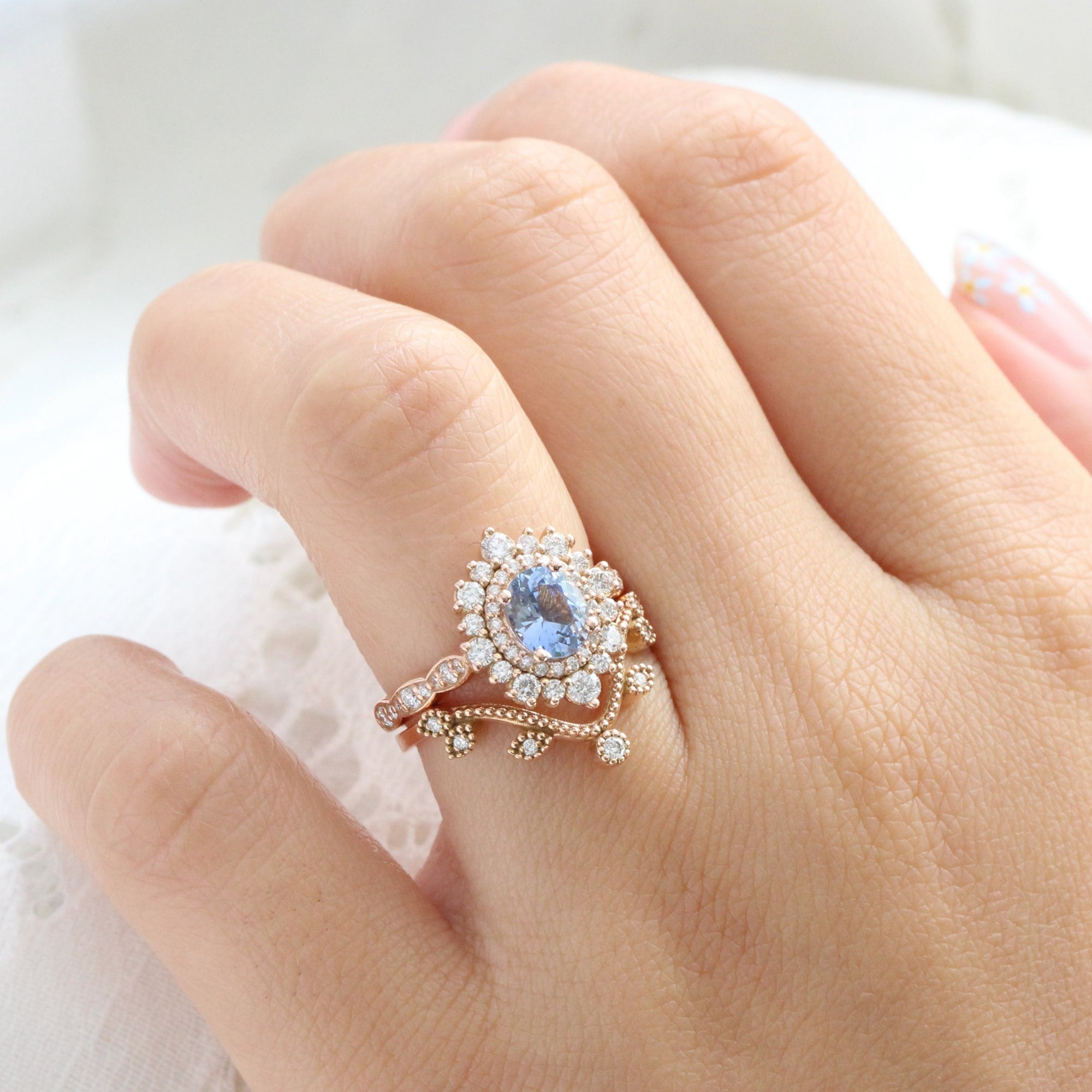 Oval aqua blue sapphire ring rose gold double halo diamond engagement ring la more design jewelry