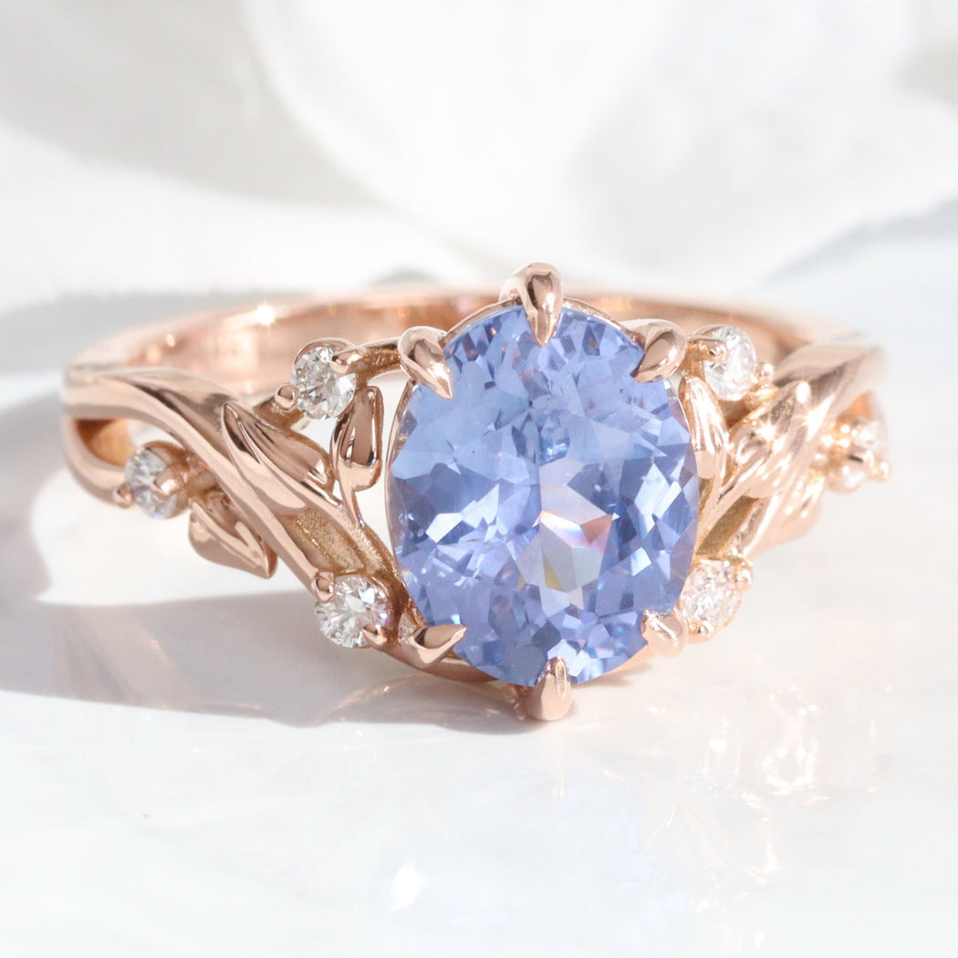 Oval Aqua Blue Sapphire Diamond Ring Rose Gold Floral Solitaire Ring ...