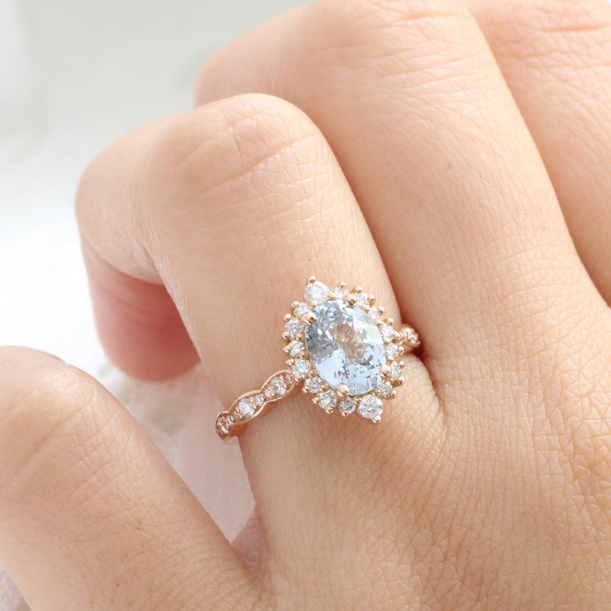 Oval aqua blue sapphire ring rose gold halo diamond sapphire engagement ring la more design jewelry
