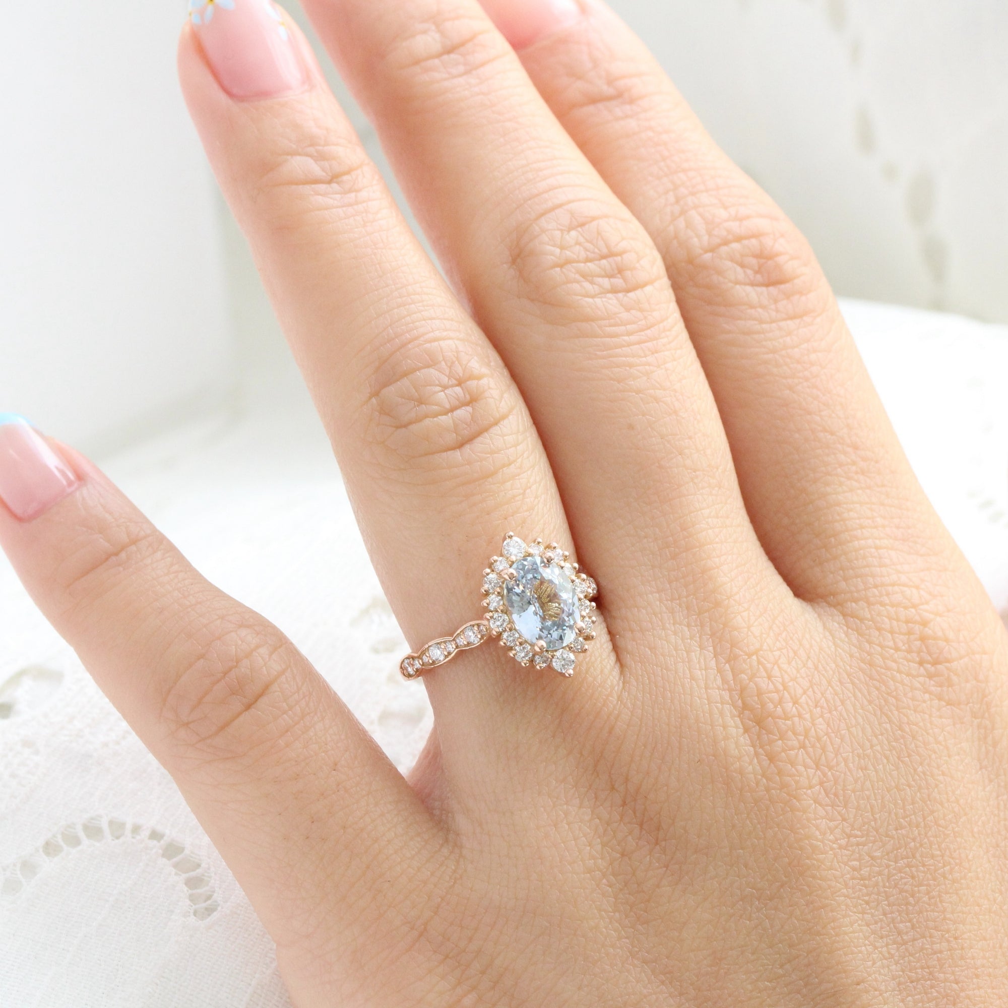 Oval aqua blue sapphire ring rose gold halo diamond sapphire engagement ring la more design jewelry
