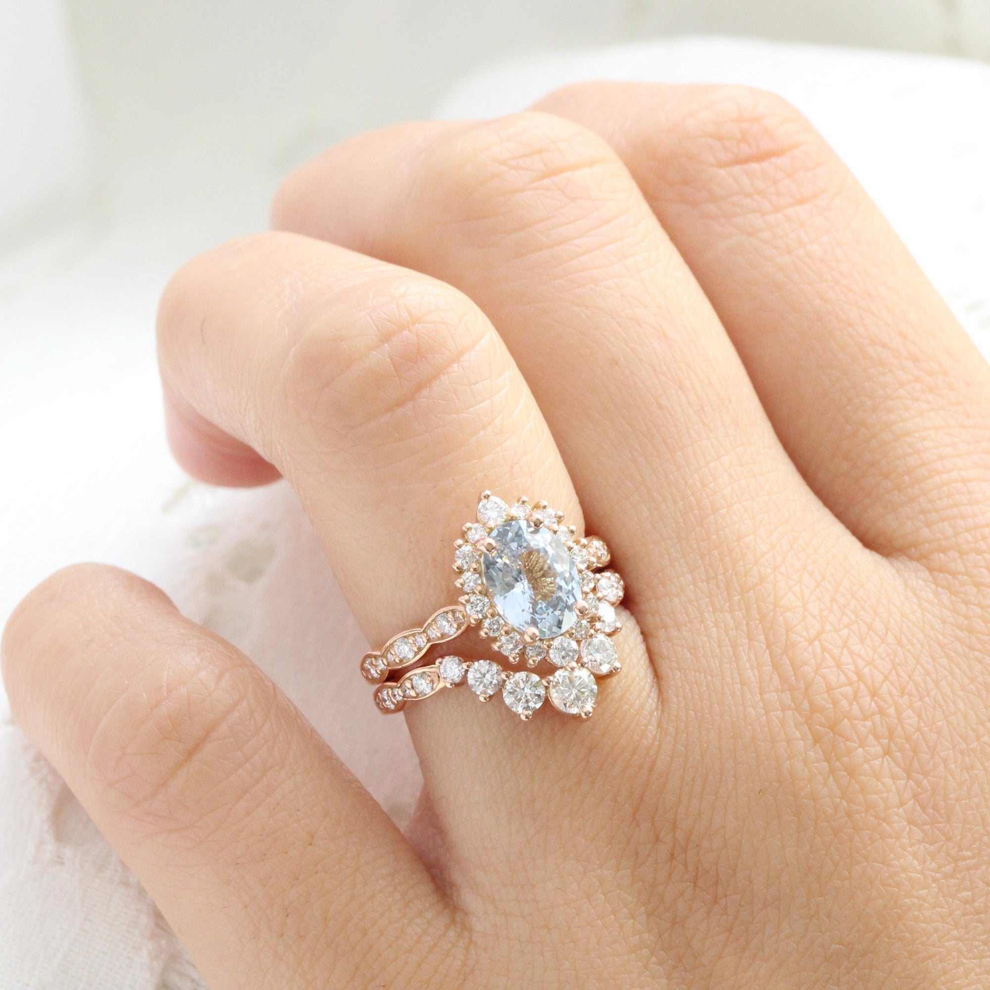 Oval aqua blue sapphire ring rose gold halo diamond sapphire engagement ring la more design jewelry
