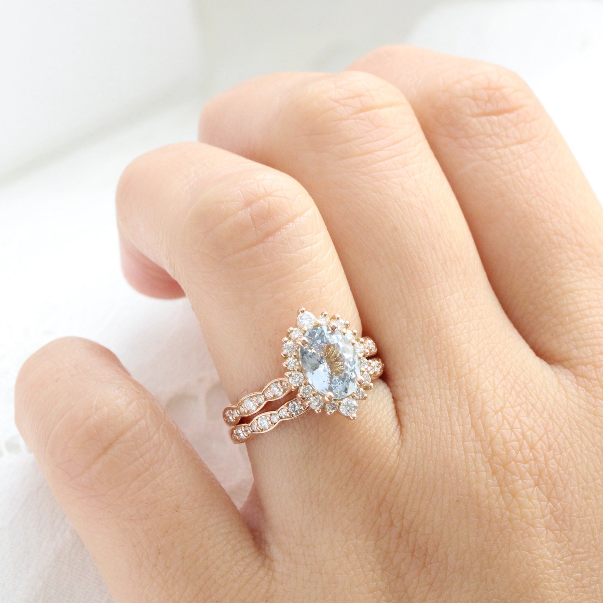 Oval aqua blue sapphire ring rose gold halo diamond sapphire engagement ring la more design jewelry