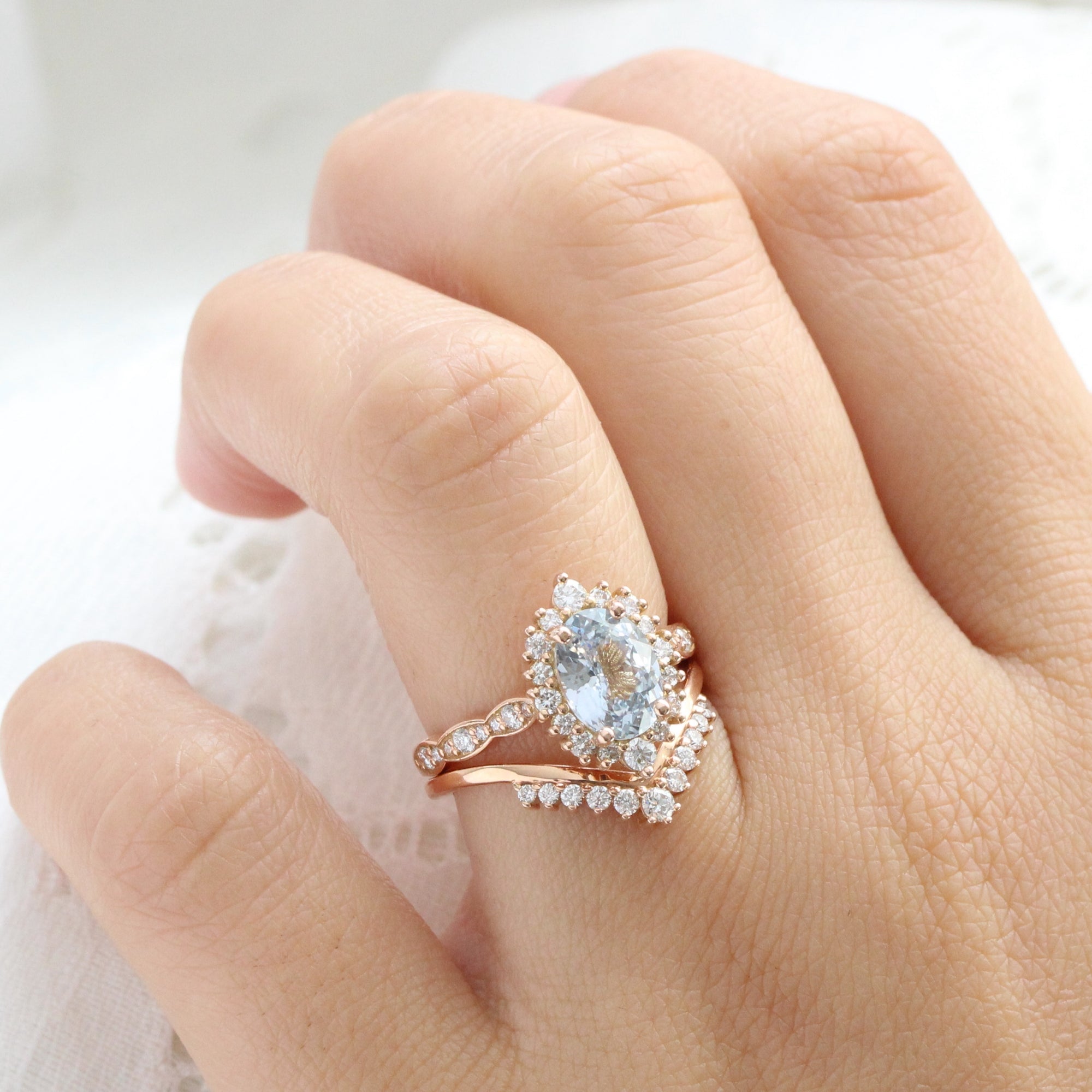 Oval aqua blue sapphire ring rose gold halo diamond sapphire engagement ring la more design jewelry