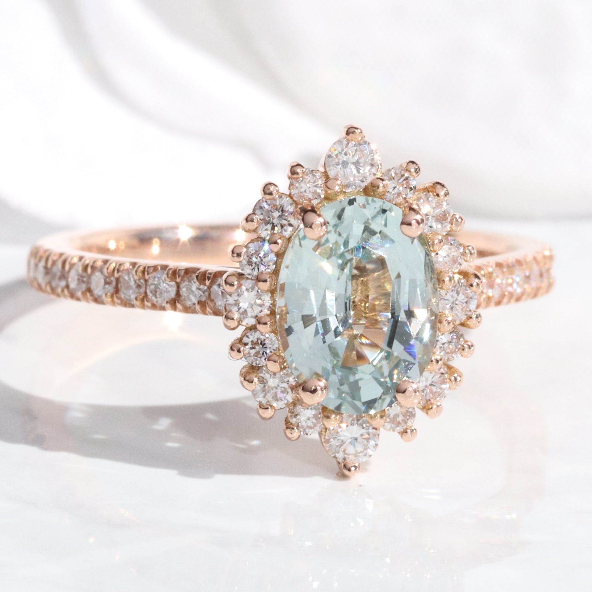 Oval aqua green sapphire ring rose gold halo diamond sapphire engagement ring la more design jewelry