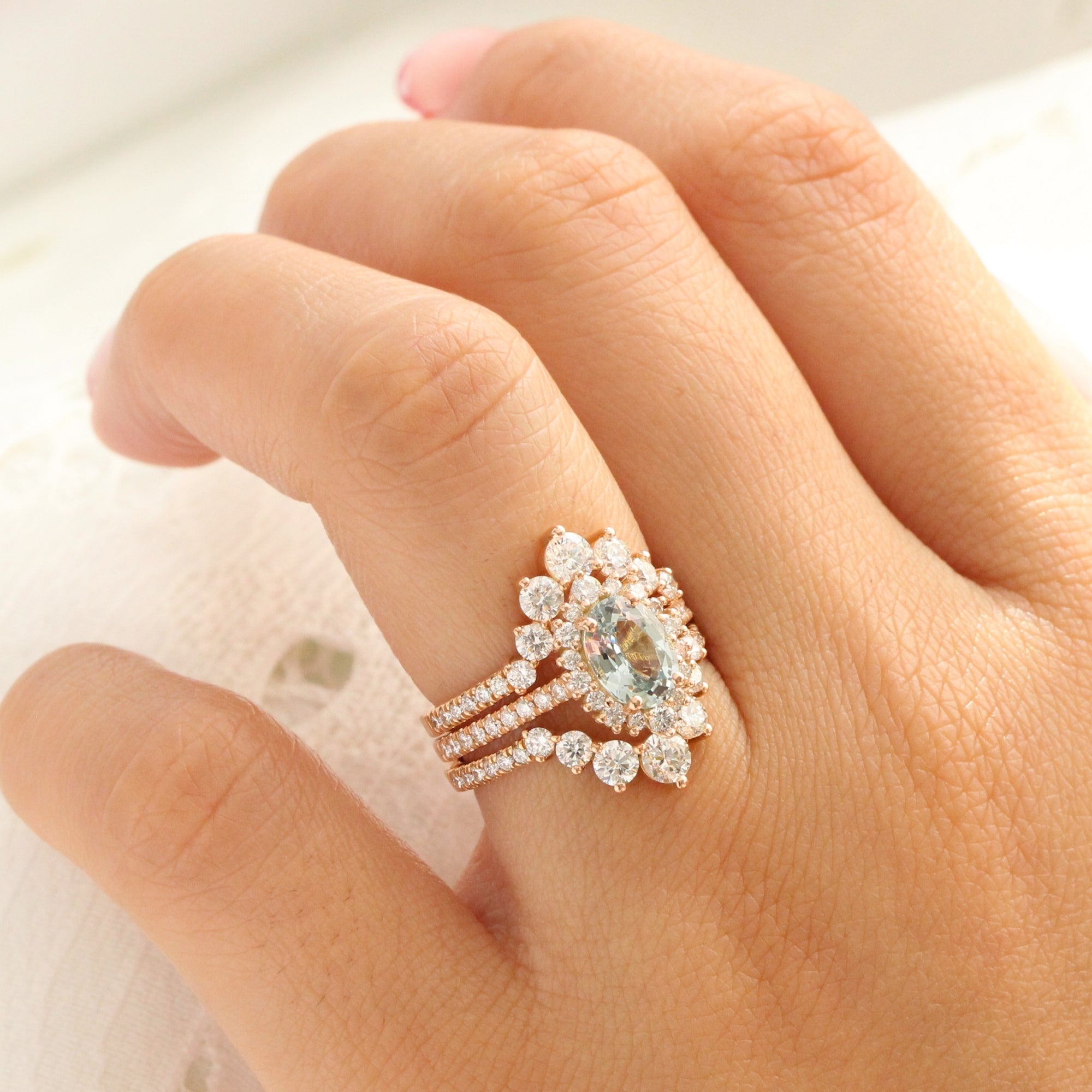 Oval aqua green sapphire ring rose gold halo diamond sapphire engagement ring la more design jewelry