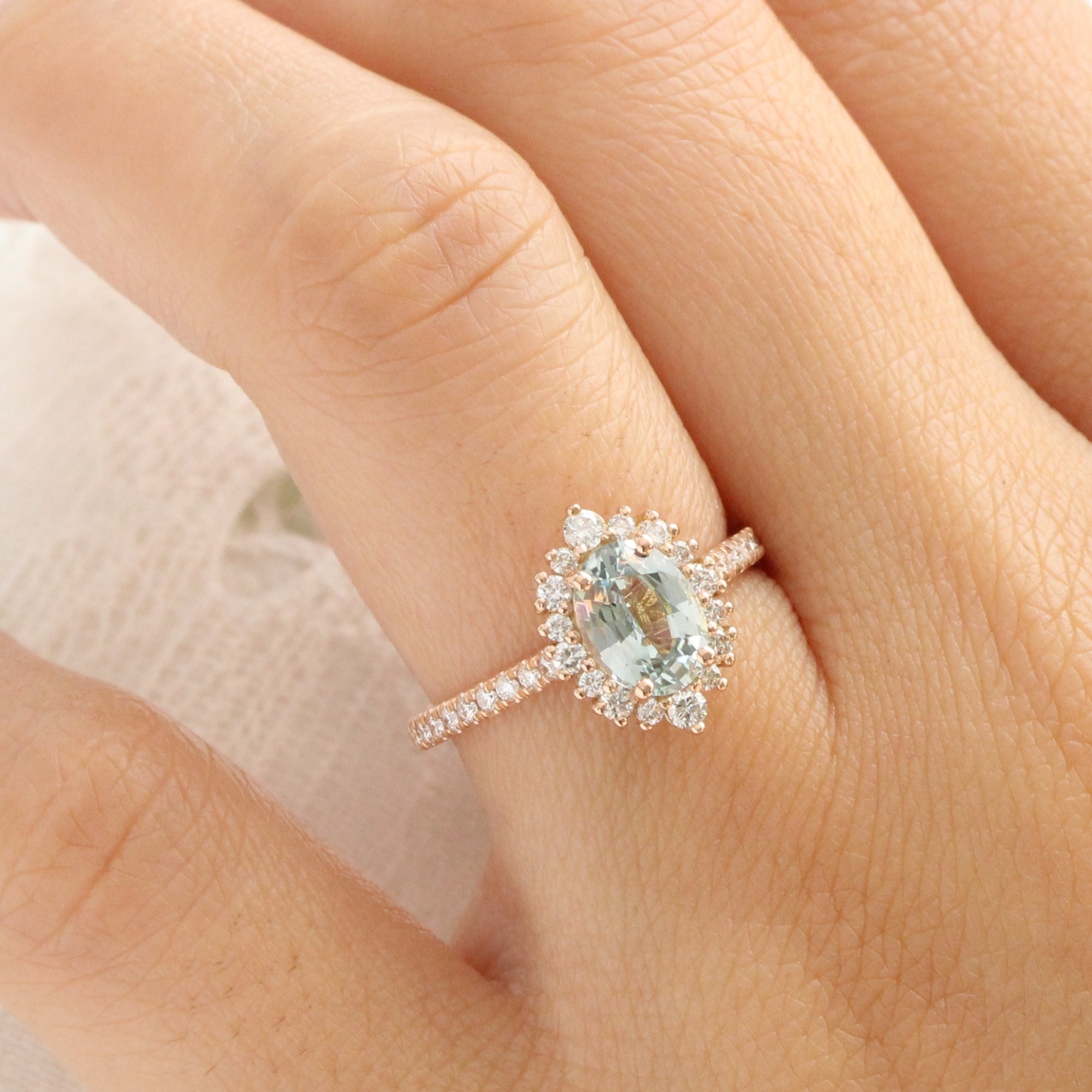 Oval aqua green sapphire ring rose gold halo diamond sapphire engagement ring la more design jewelry