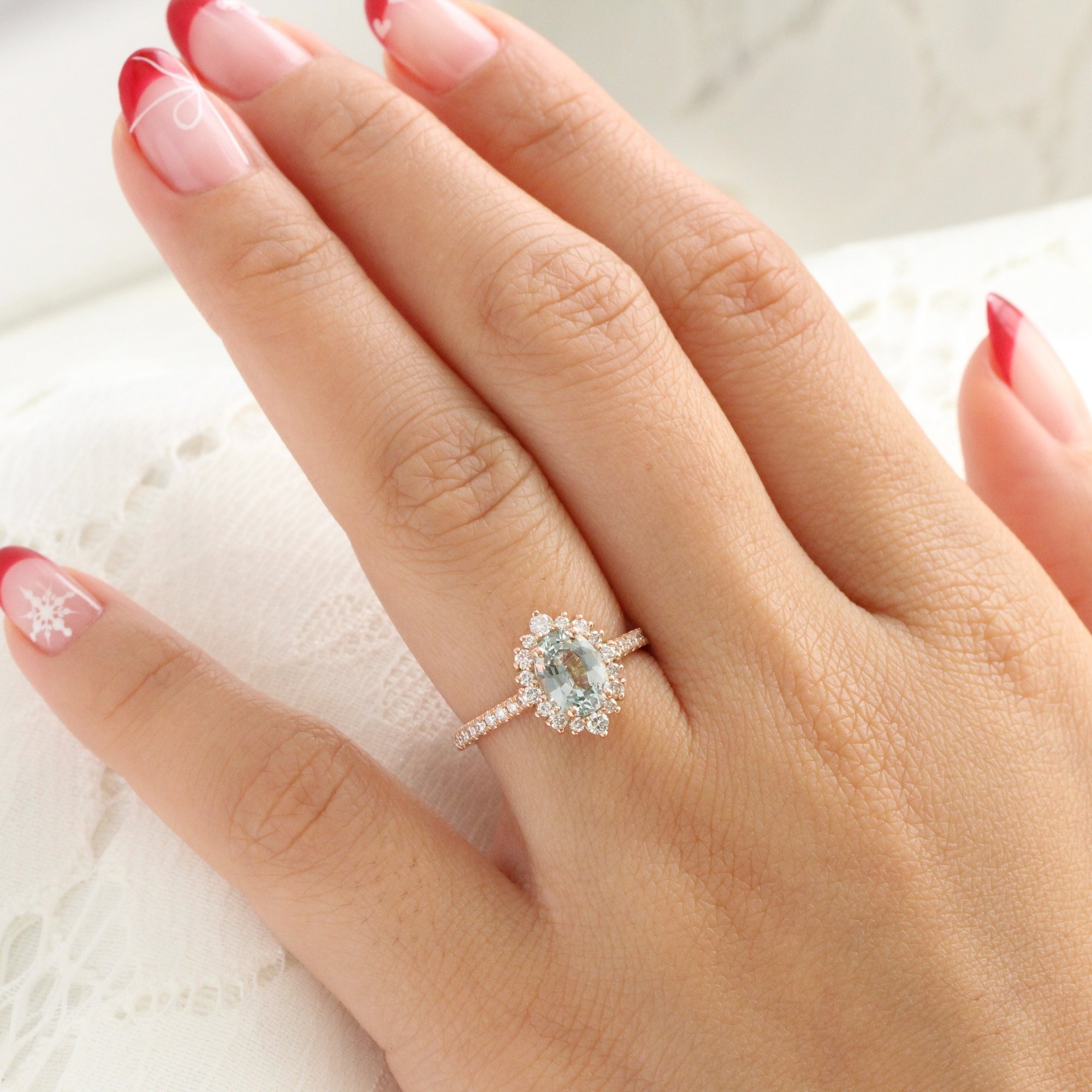 Oval aqua green sapphire ring rose gold halo diamond sapphire engagement ring la more design jewelry