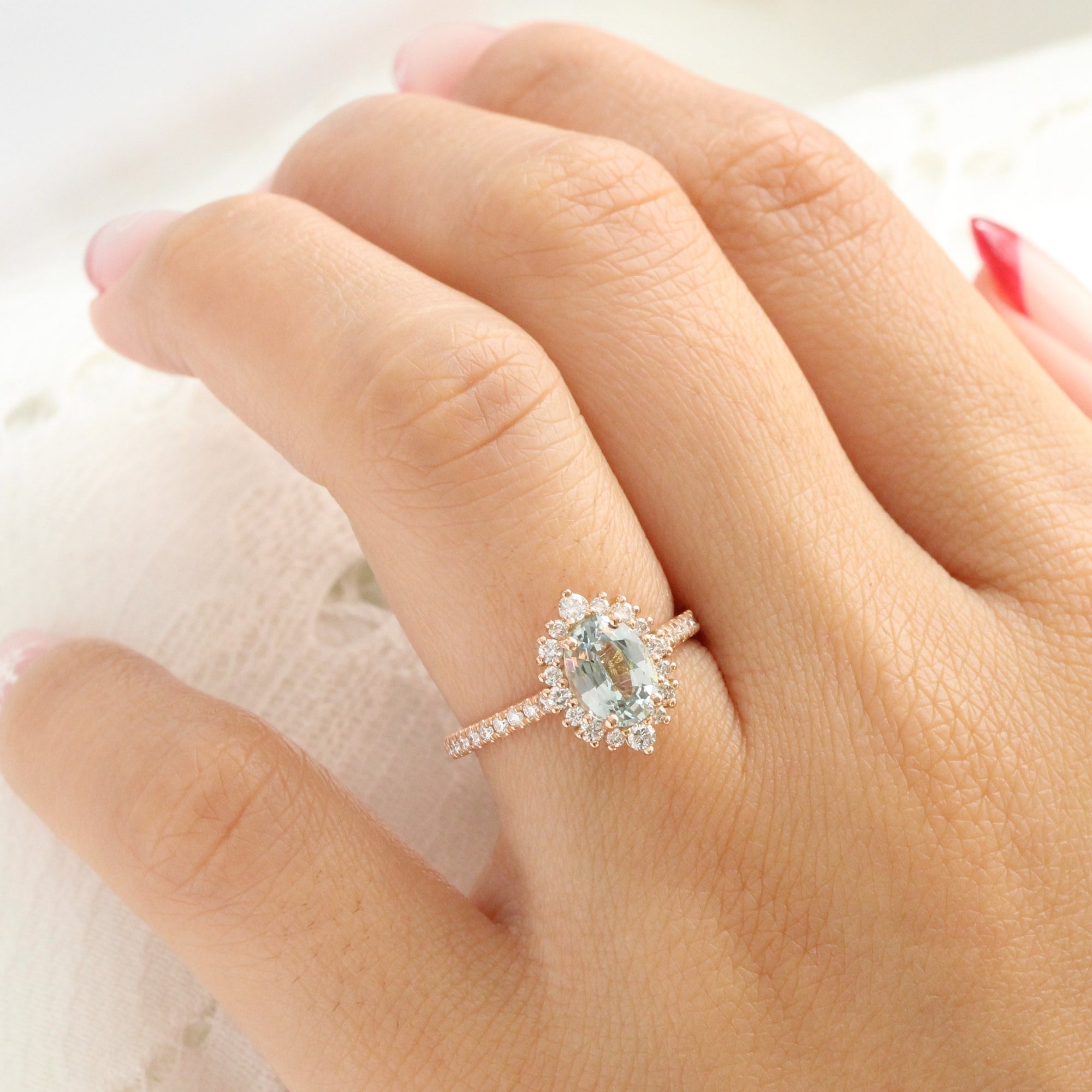 Oval aqua green sapphire ring rose gold halo diamond sapphire engagement ring la more design jewelry