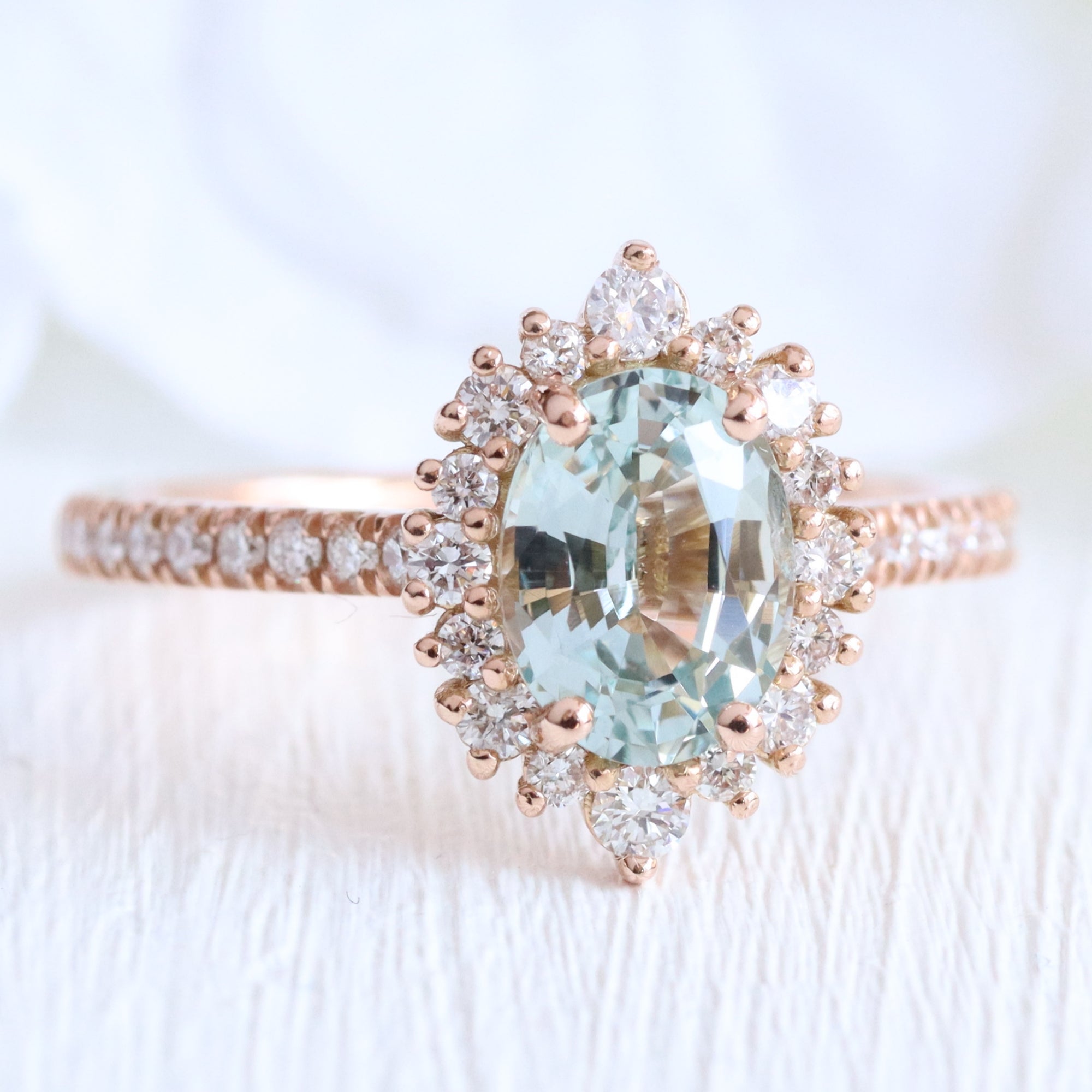 Oval aqua green sapphire ring rose gold halo diamond sapphire engagement ring la more design jewelry