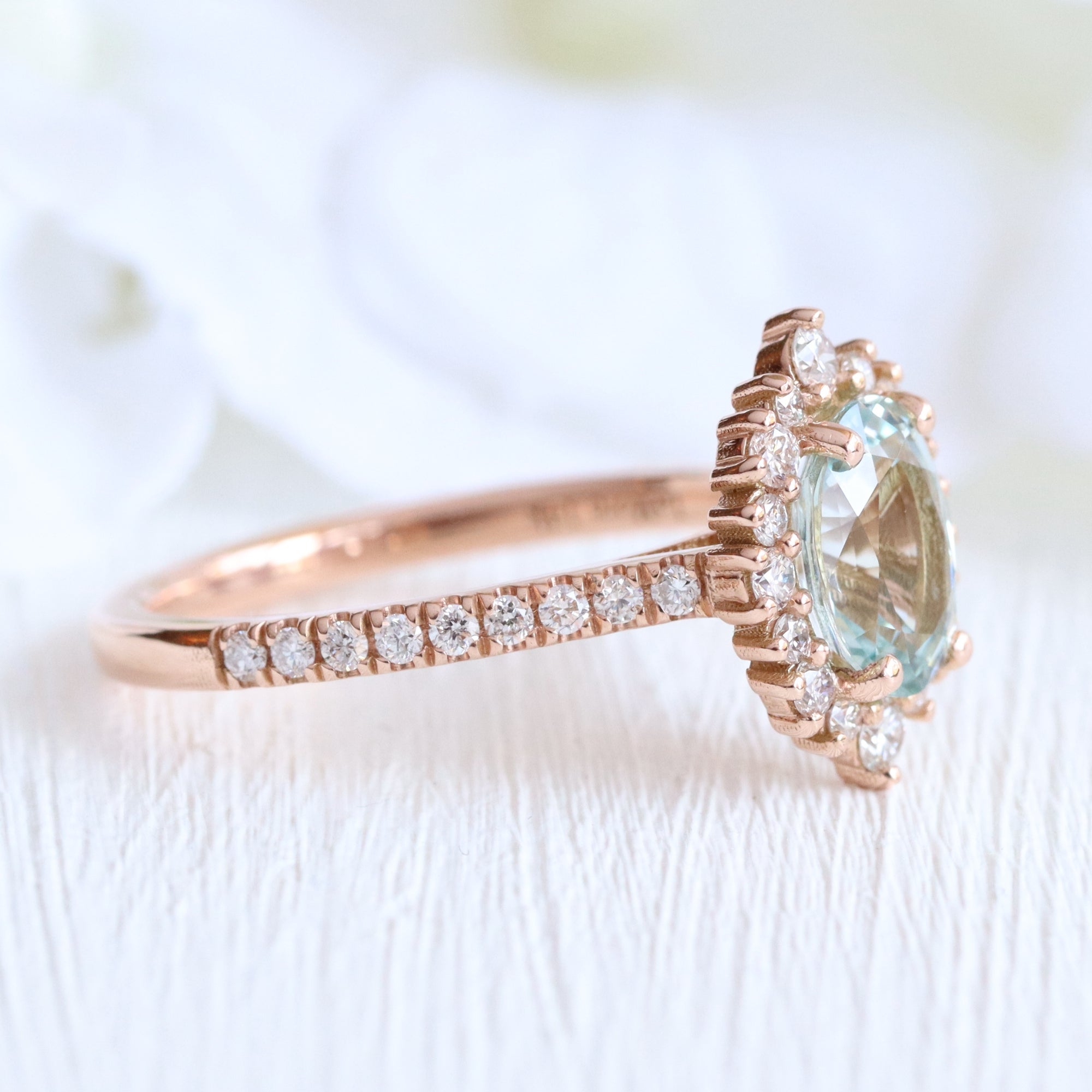 Oval aqua green sapphire ring rose gold halo diamond sapphire engagement ring la more design jewelry