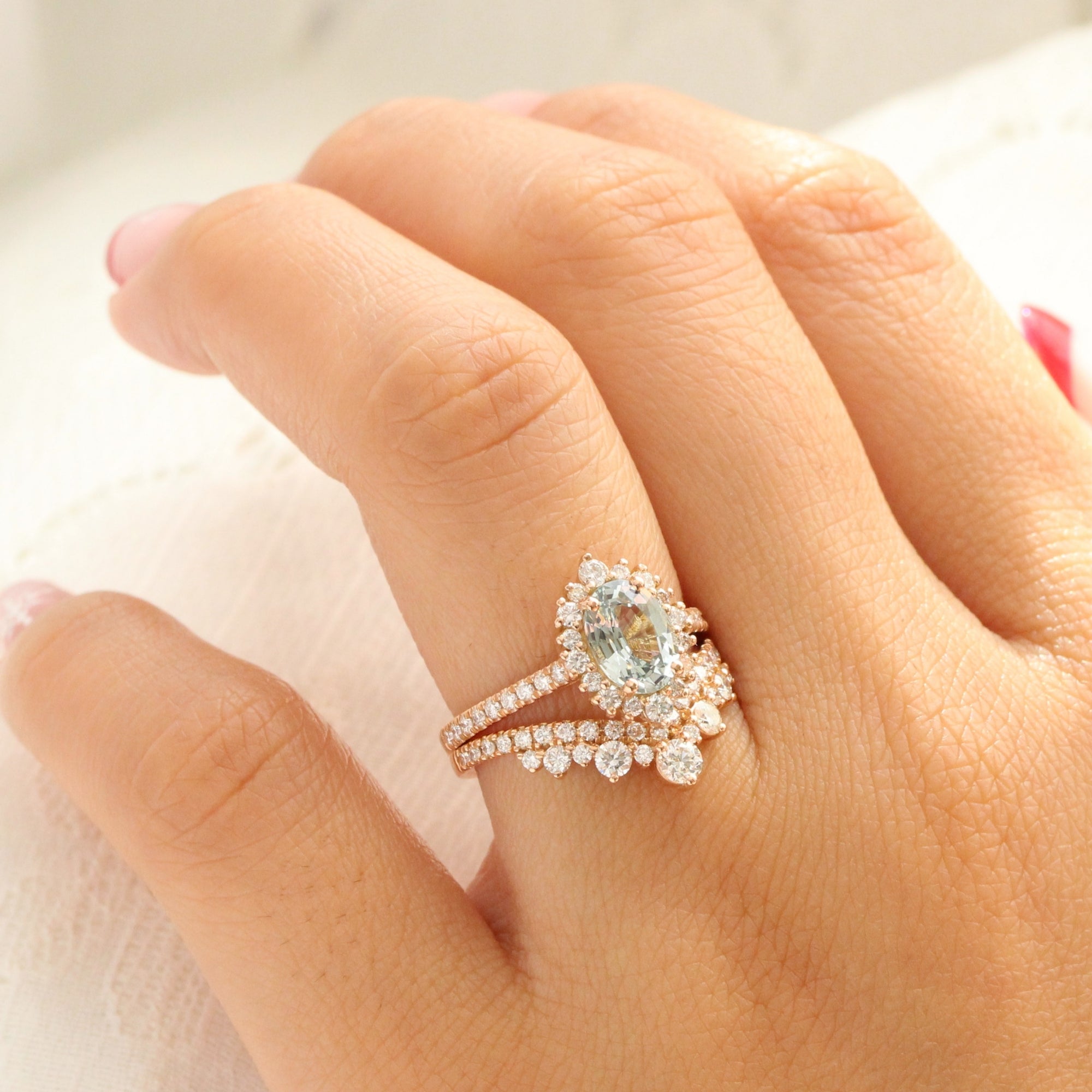 Oval aqua green sapphire ring rose gold halo diamond sapphire engagement ring la more design jewelry