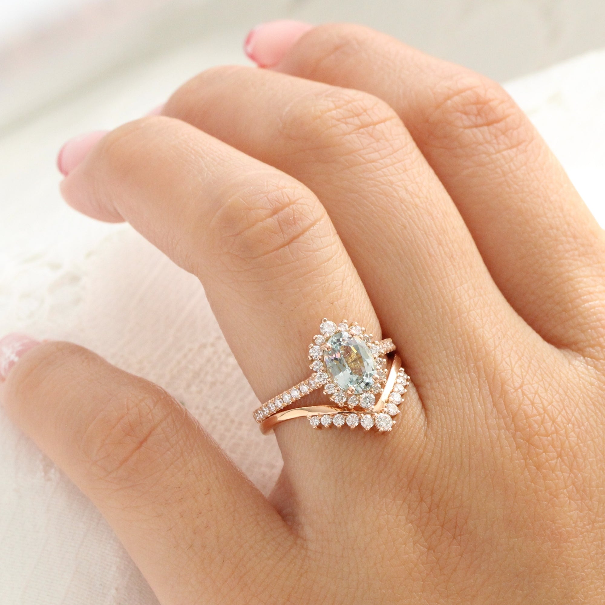 Oval aqua green sapphire ring rose gold halo diamond sapphire engagement ring la more design jewelry