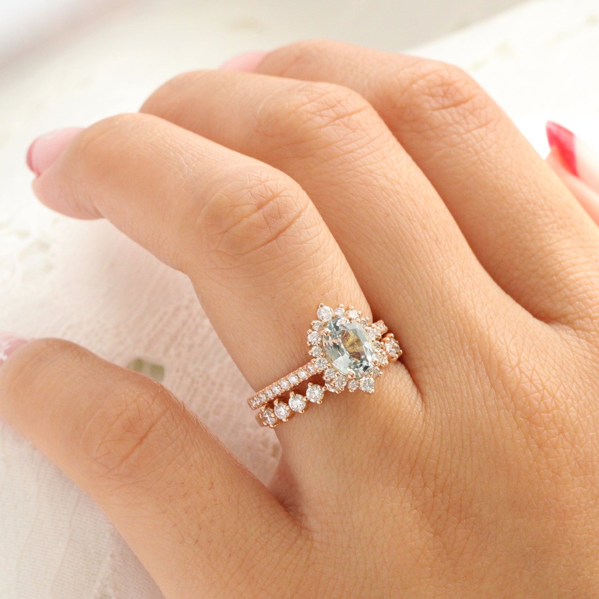 Oval aqua green sapphire ring rose gold halo diamond sapphire engagement ring la more design jewelry