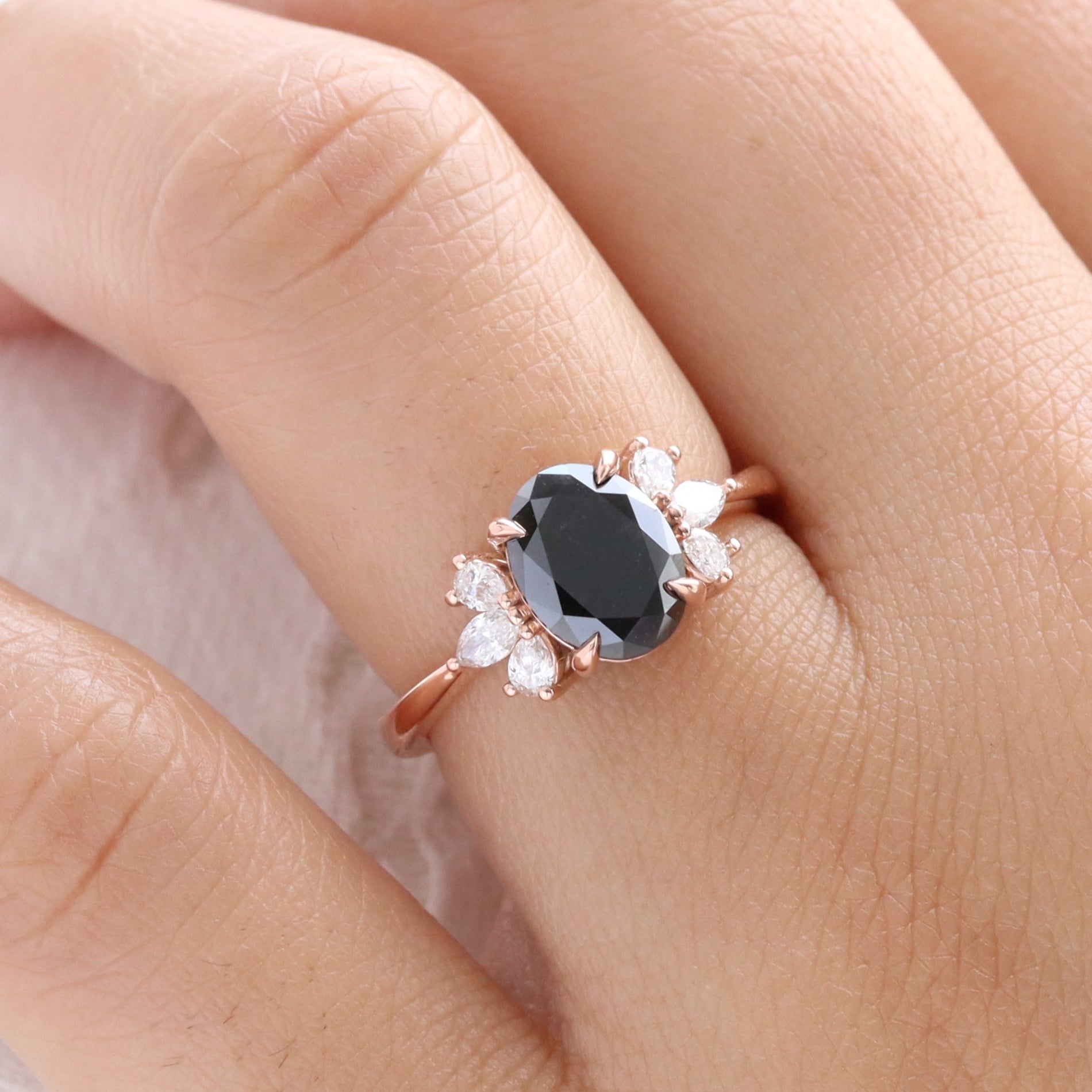 Oval black diamond engagement ring rose gold 3 stone black diamond cluster ring la more design jewelry
