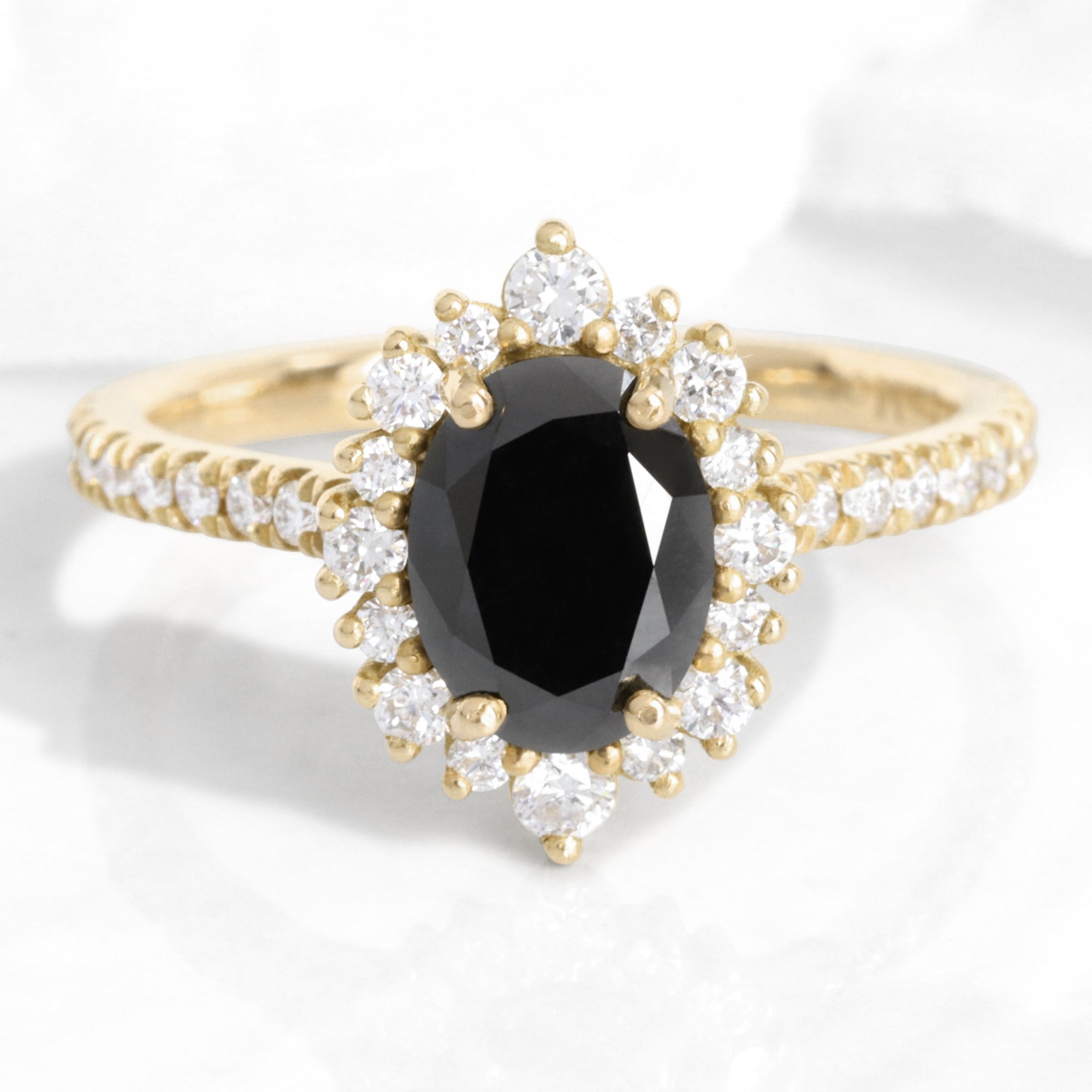 Natural Black Diamond Engagement Ring Rose Gold Halo Diamond Oval